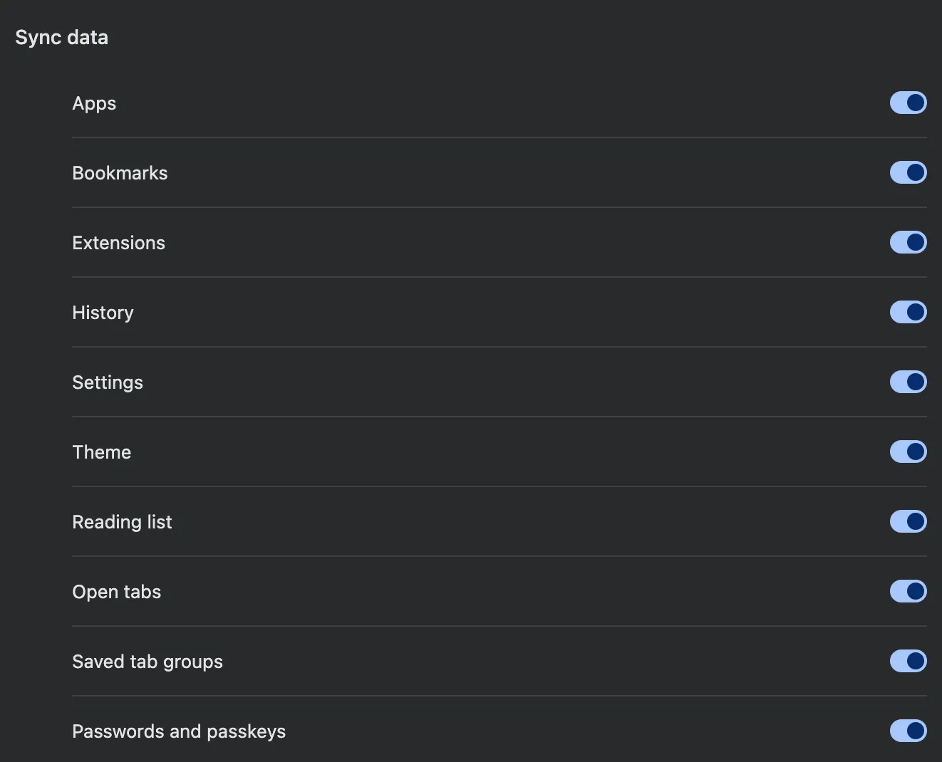 Màn hình cài đặt đồng bộ hóa tài khoản Google Chrome với các tùy chọn đồng bộ hóa dữ liệu trình duyệt.