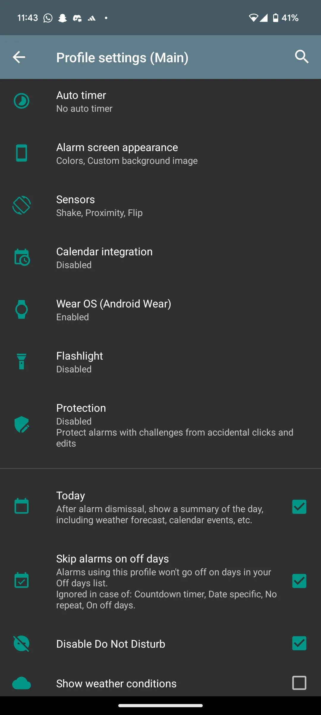Màn hình cài đặt hồ sơ báo thức và các tùy chọn tùy chỉnh nâng cao trong AMdroid