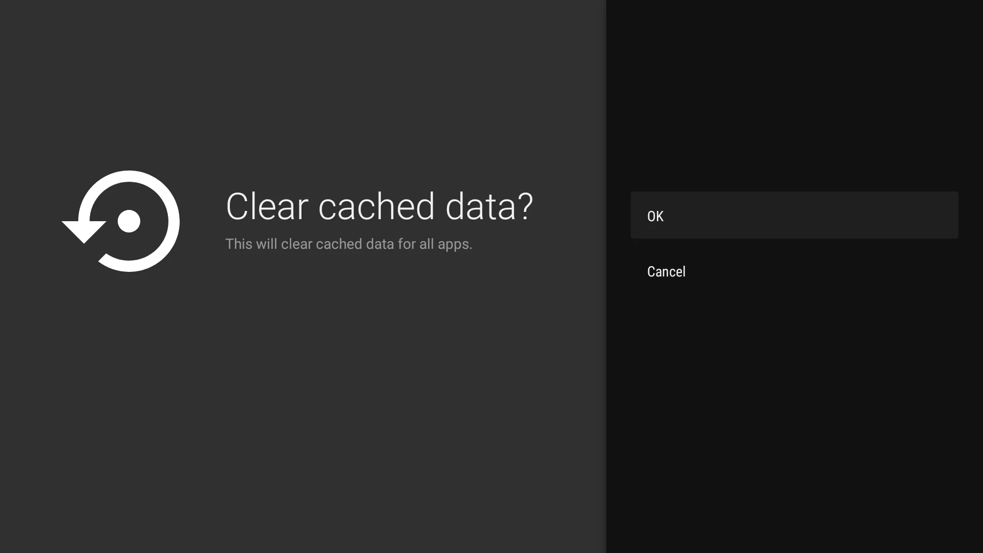 Màn hình xác nhận xóa dữ liệu bộ nhớ đệm trên Google TV