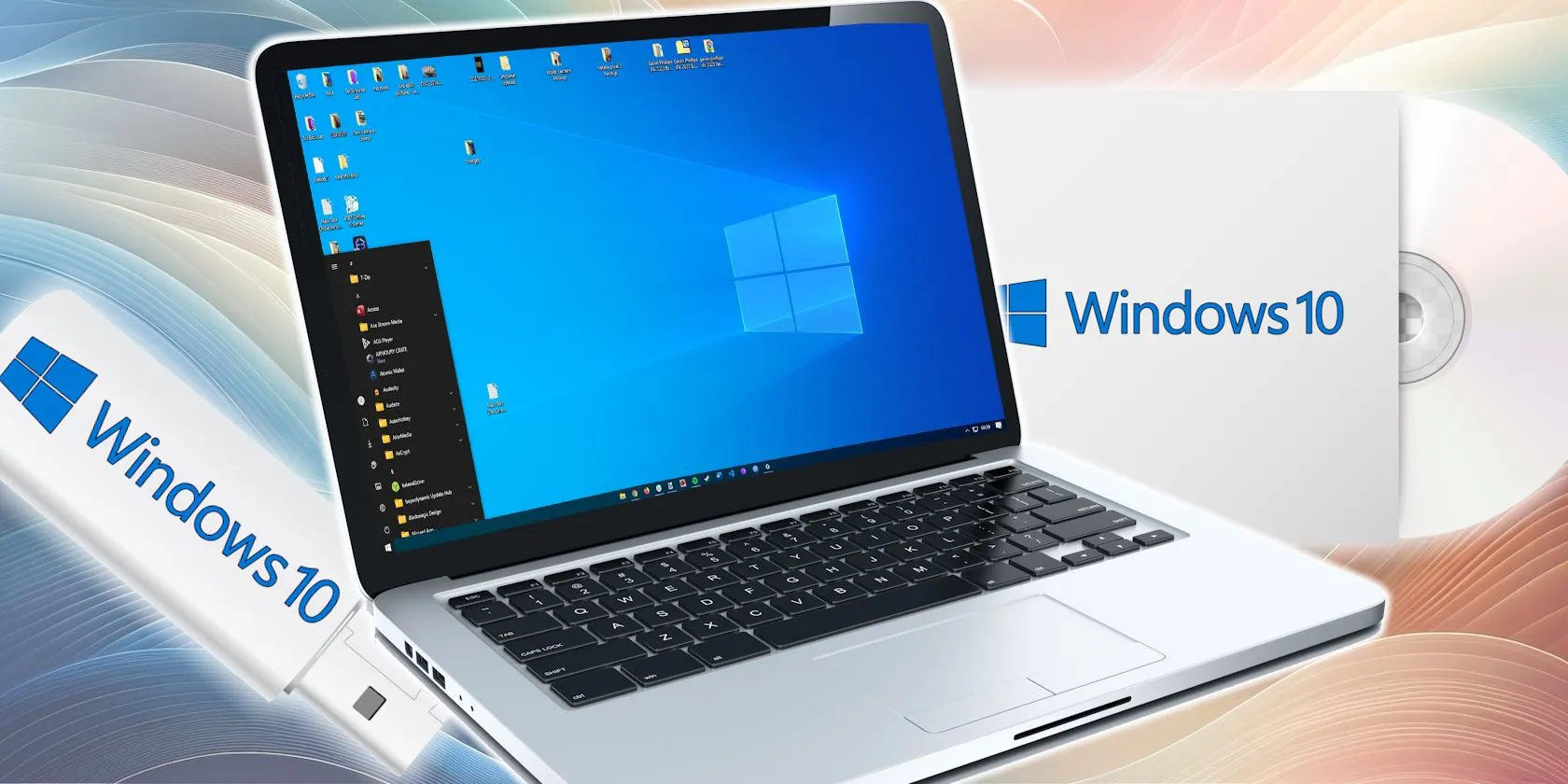 Máy tính xách tay chạy Windows 10 với phương tiện cài đặt USB và đĩa CD, minh họa việc cài đặt lại hoặc nâng cấp hệ điều hành.