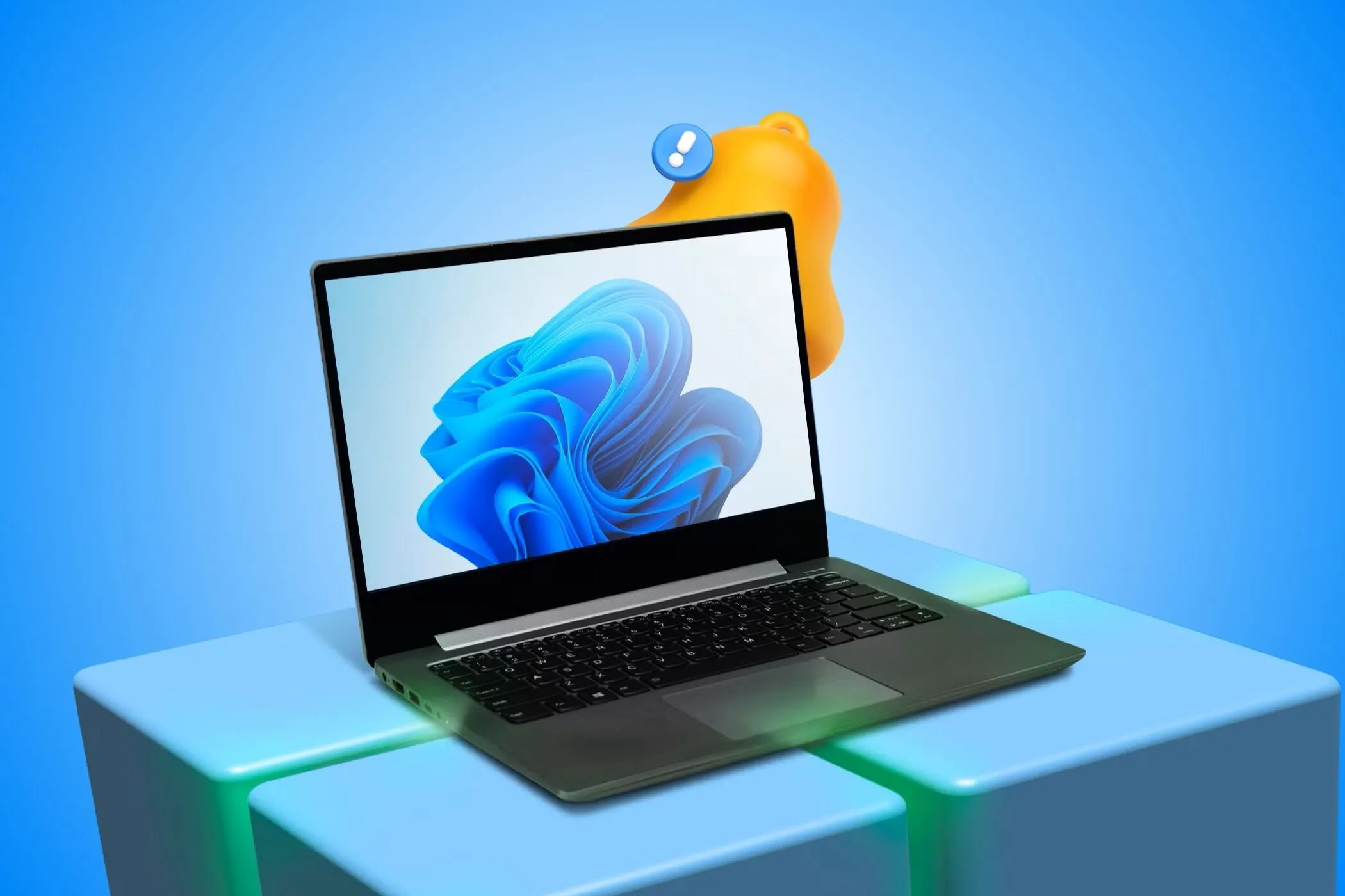 Máy tính xách tay đặt trên biểu tượng Windows 3D, phía sau là chuông thông báo bị gạch chéo, biểu thị chế độ Không Làm Phiền
