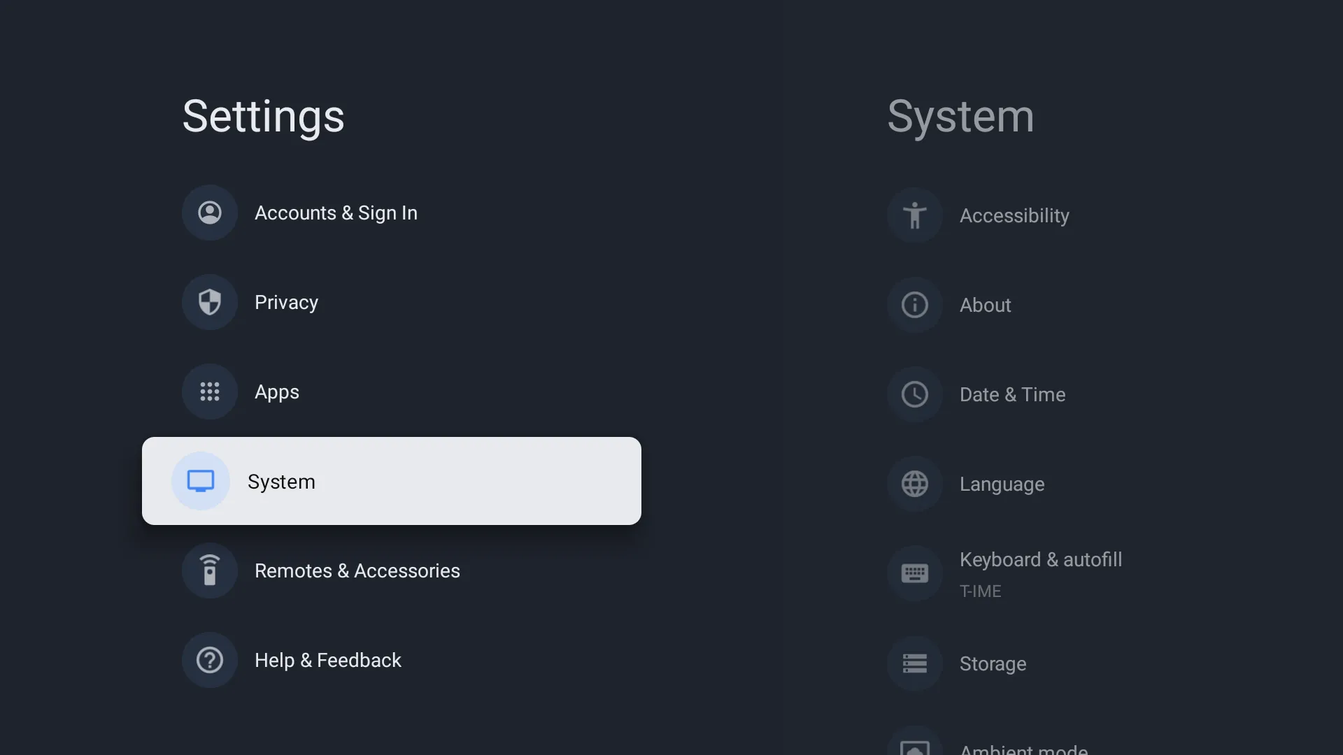 Menu cài đặt Google TV với tùy chọn Hệ thống được chọn