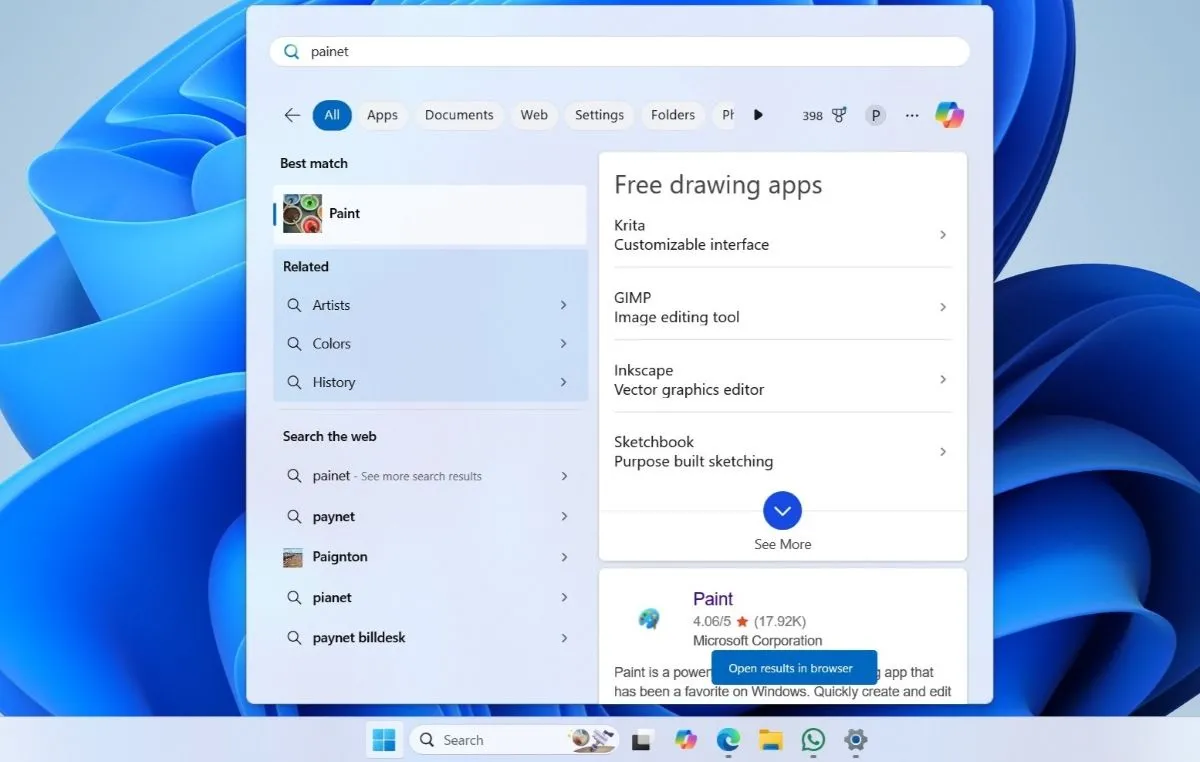 Menu Start của Windows 11 hiển thị kết quả tìm kiếm, bao gồm cả đề xuất từ Bing, gây phiền toái cho người dùng.