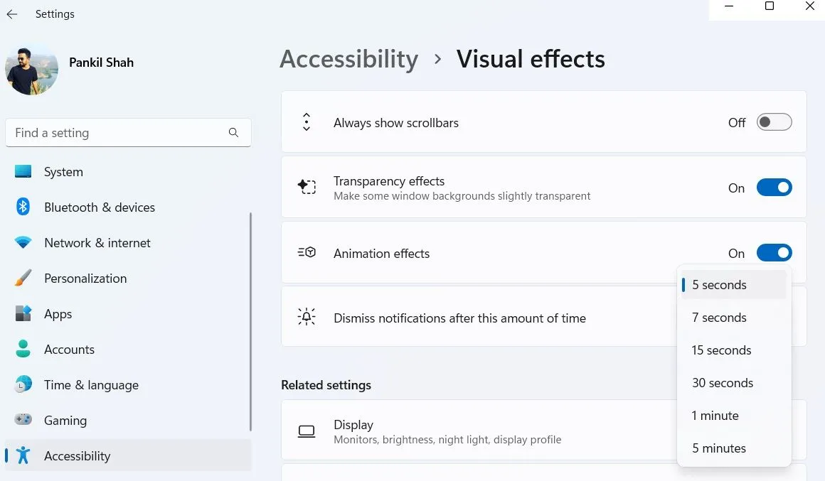 Menu thời gian tắt thông báo banner trong cài đặt Windows 11