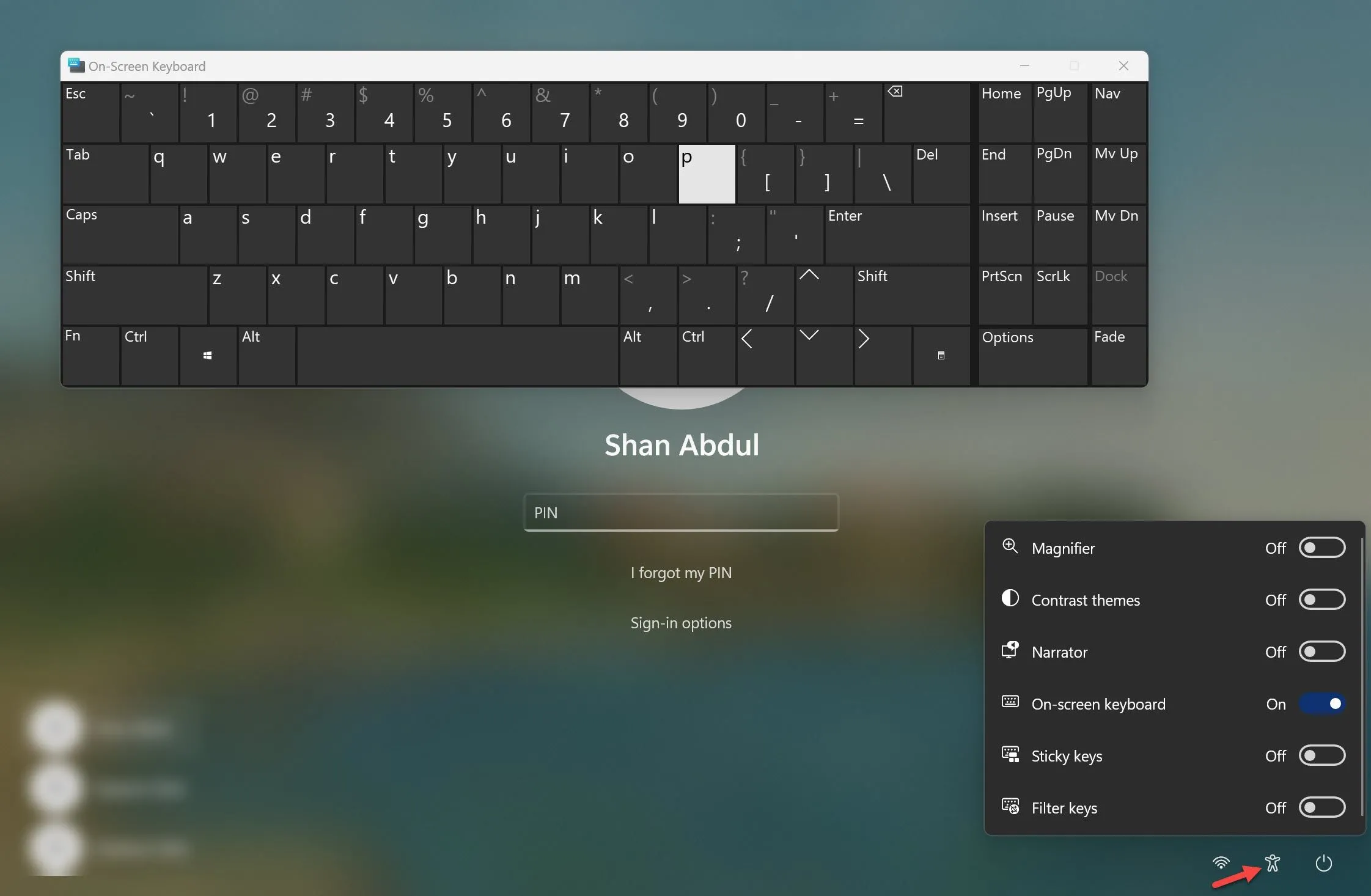 Mở bàn phím ảo từ cài đặt Trợ năng để đăng nhập Windows.