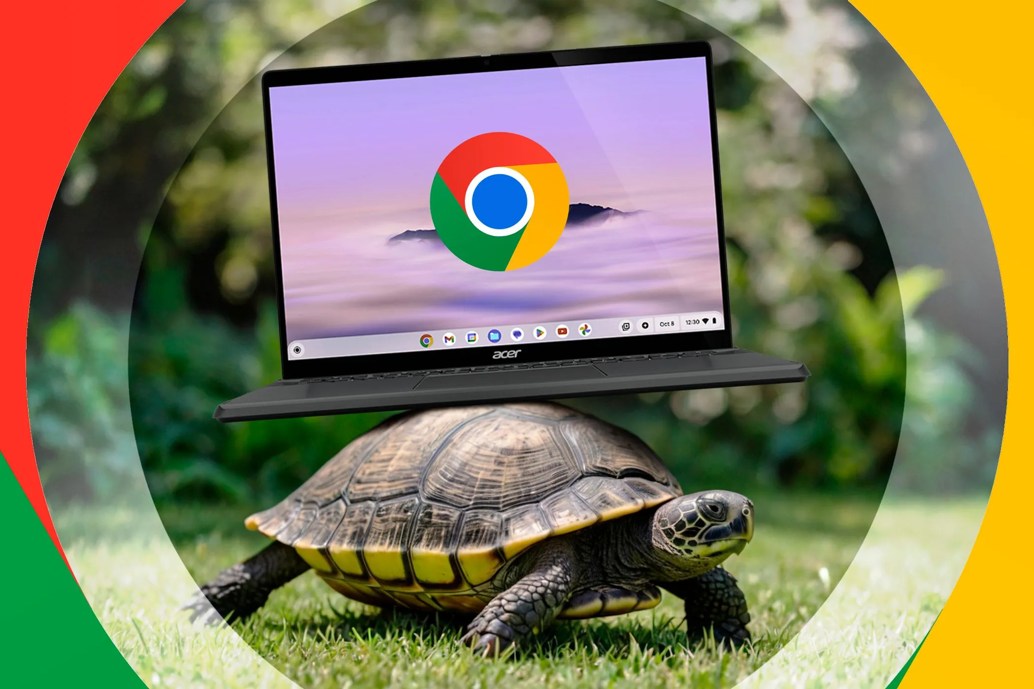 Một chú rùa đang cõng laptop Chromebook trên lưng, tượng trưng cho việc bảo vệ dữ liệu công nghệ.