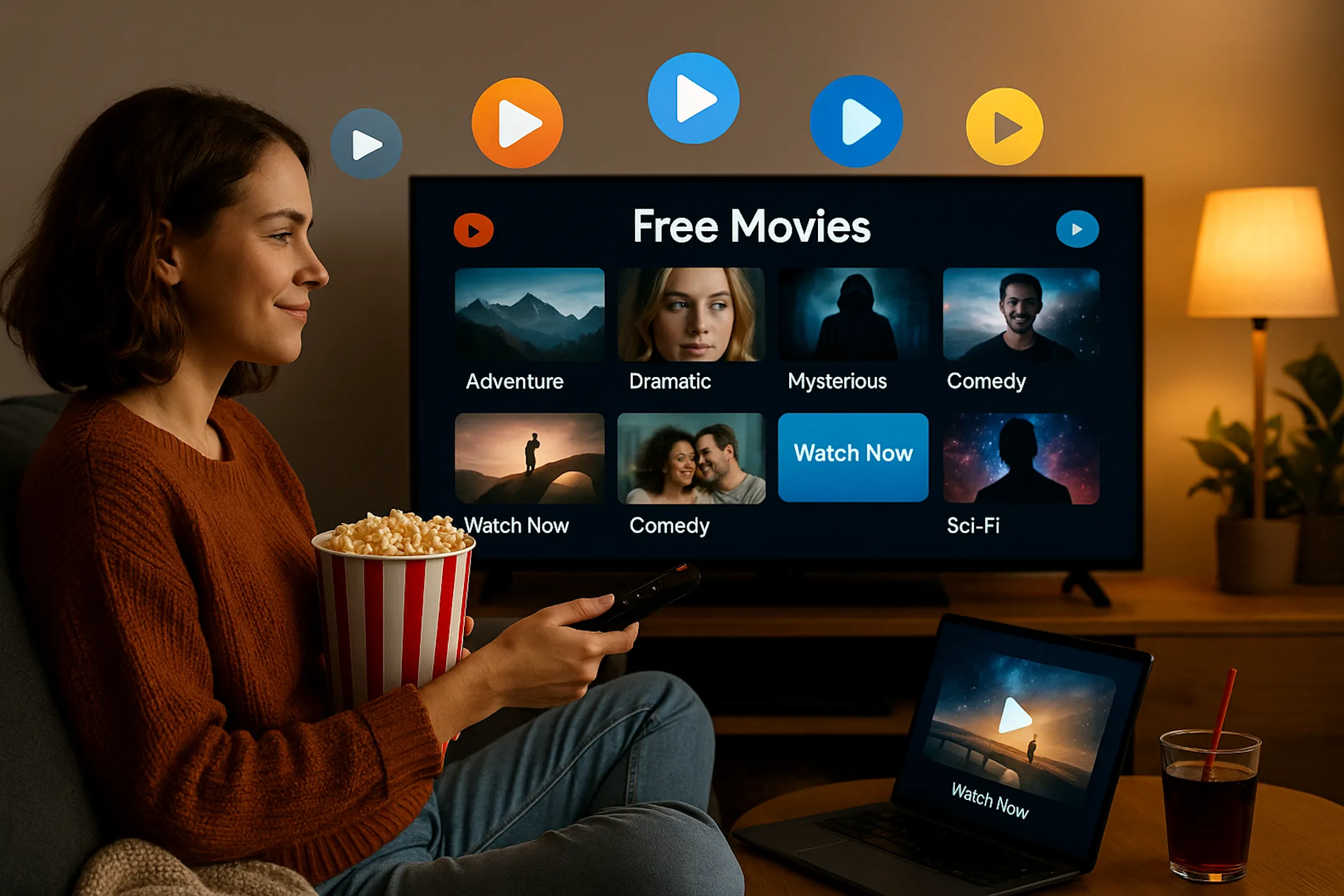 Một người phụ nữ đang thưởng thức dịch vụ xem phim 4K miễn phí trên TV và laptop, trải nghiệm giải trí tại nhà.