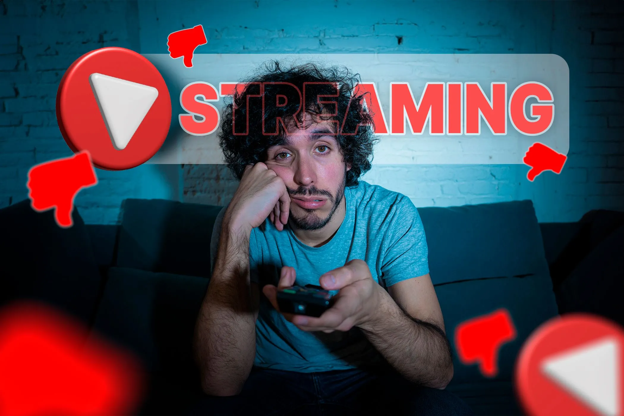 Người đàn ông chán nản ngồi xem TV với các biểu tượng streaming và ngón tay cái hướng xuống, minh họa sự thất vọng với trải nghiệm giải trí số