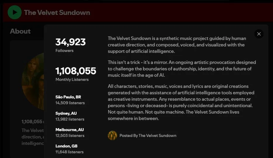 Phần mô tả trên Spotify của The Velvet Sundown, công khai thừa nhận đây là một 'dự án âm nhạc tổng hợp' có sự hỗ trợ của trí tuệ nhân tạo.