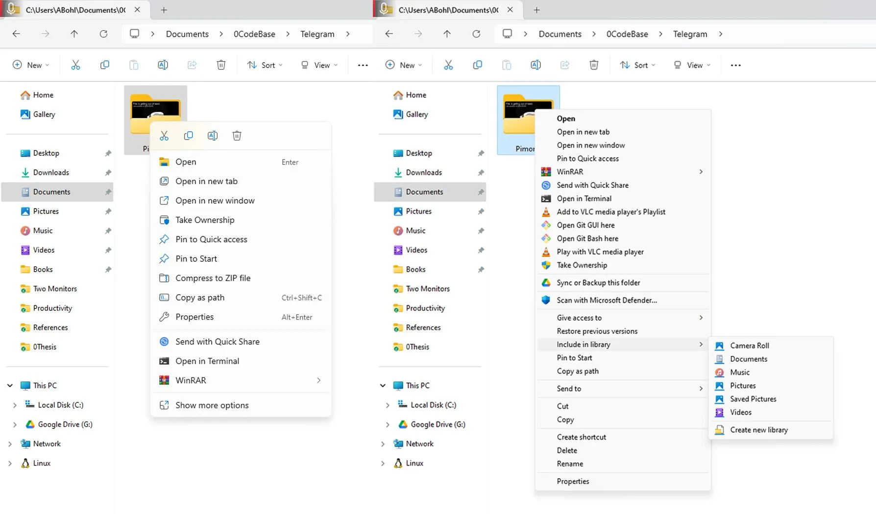 So sánh menu ngữ cảnh của Windows 11 và menu cổ điển của Windows 10, cho thấy sự khác biệt về số lượng tùy chọn.