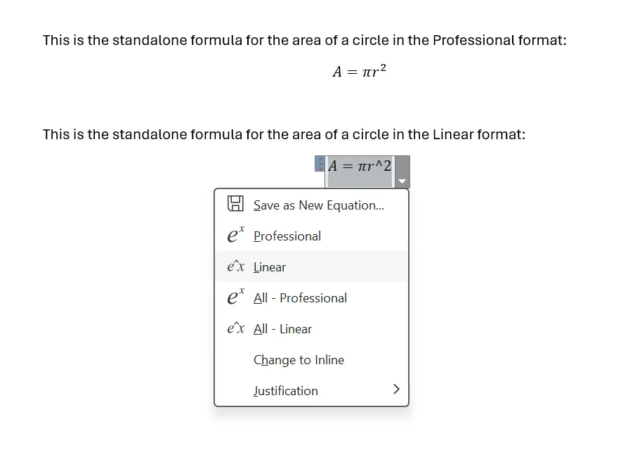Sự khác biệt giữa định dạng công thức chuyên nghiệp (Professional) và tuyến tính (Linear) trong Word Equation Editor.
