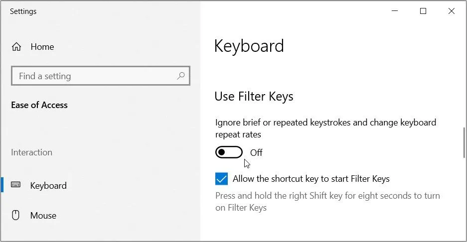 Tắt tùy chọn 'Sử dụng phím lọc' (Use Filter Keys) trong cài đặt bàn phím để tránh độ trễ đầu vào.