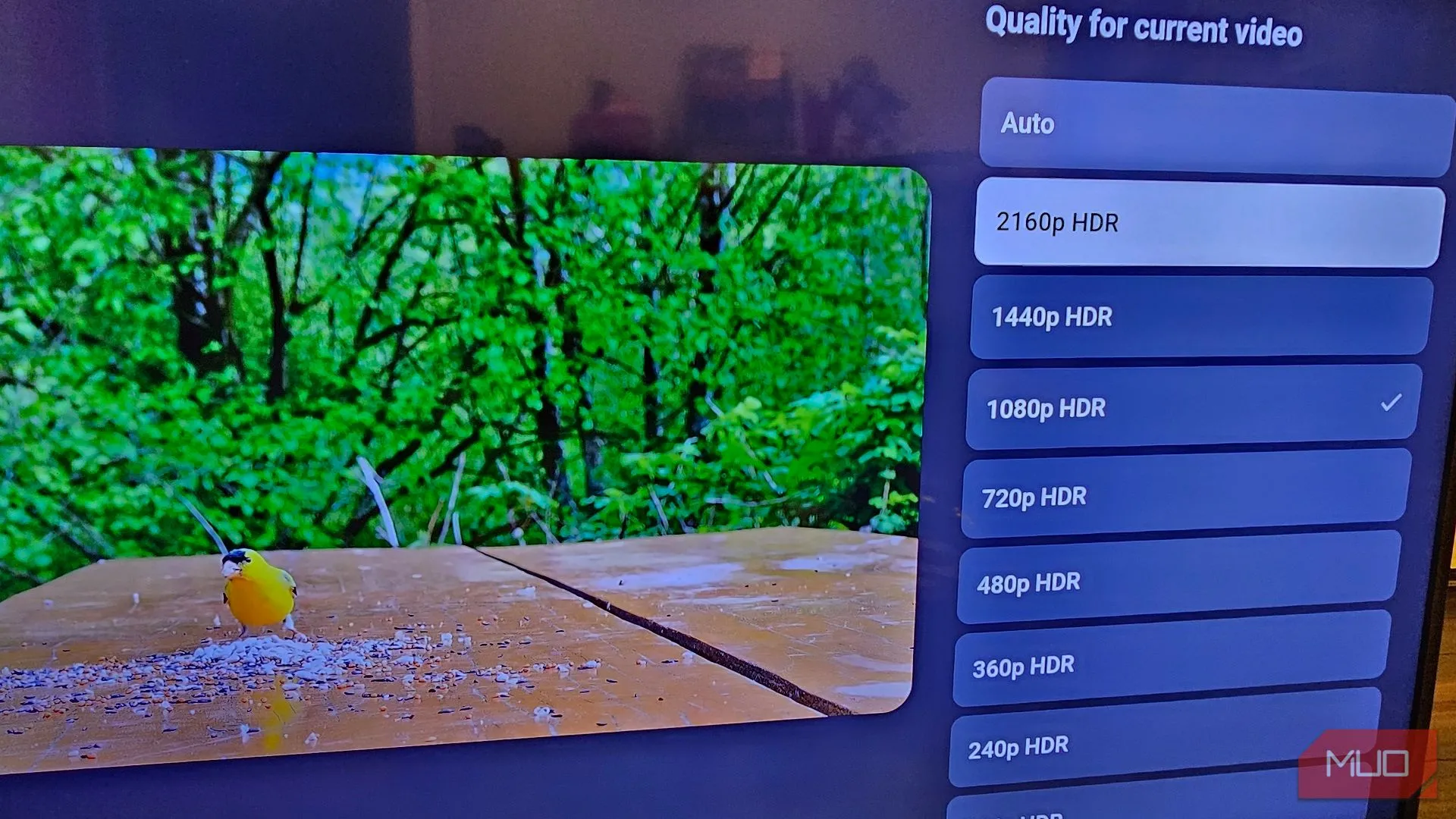 Thay đổi cài đặt chất lượng video trên ứng dụng YouTube, hiển thị tùy chọn 2160p HDR cho nội dung tương thích.