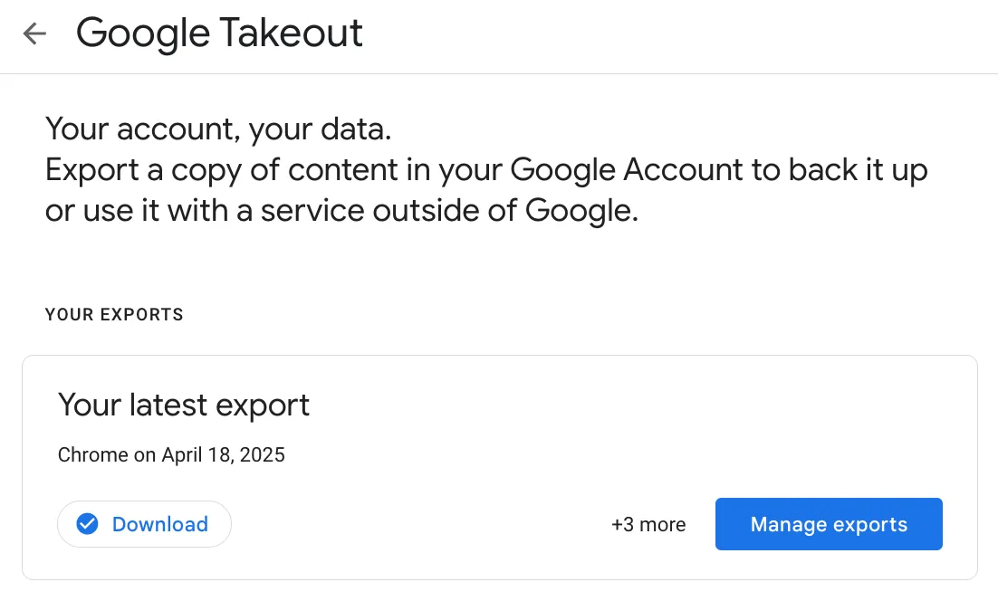 Thông báo xác nhận Google Takeout đã chuẩn bị tệp dữ liệu Chrome để xuất và tải về.