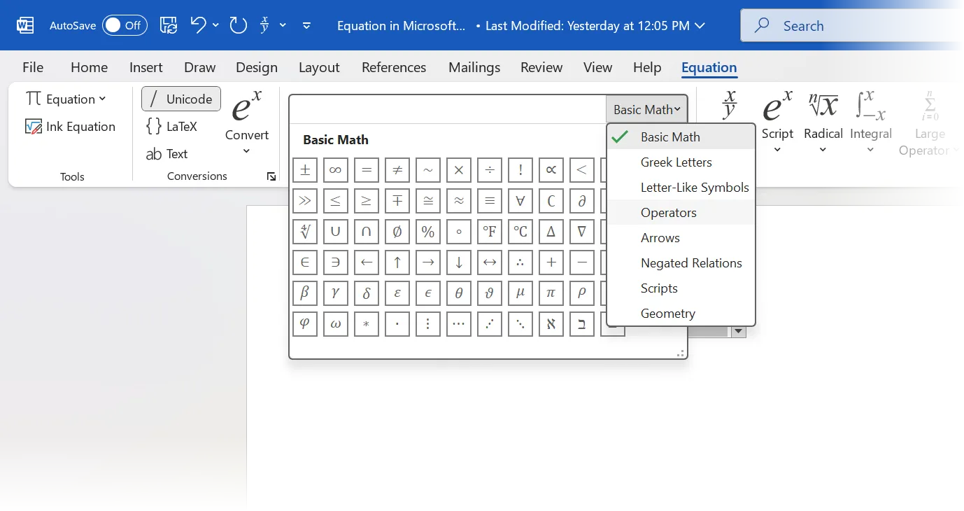 Thư viện các ký hiệu toán học và cấu trúc công thức có sẵn trong Equation Editor của Word.