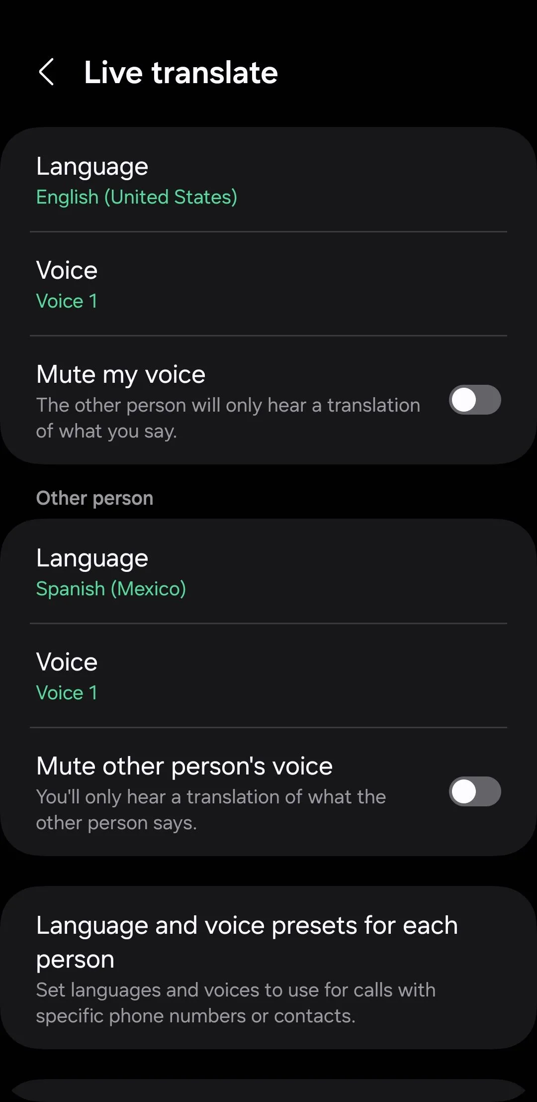 Trang cài đặt tính năng phiên dịch trực tiếp cuộc gọi (Live Translate) trên điện thoại Samsung Galaxy AI