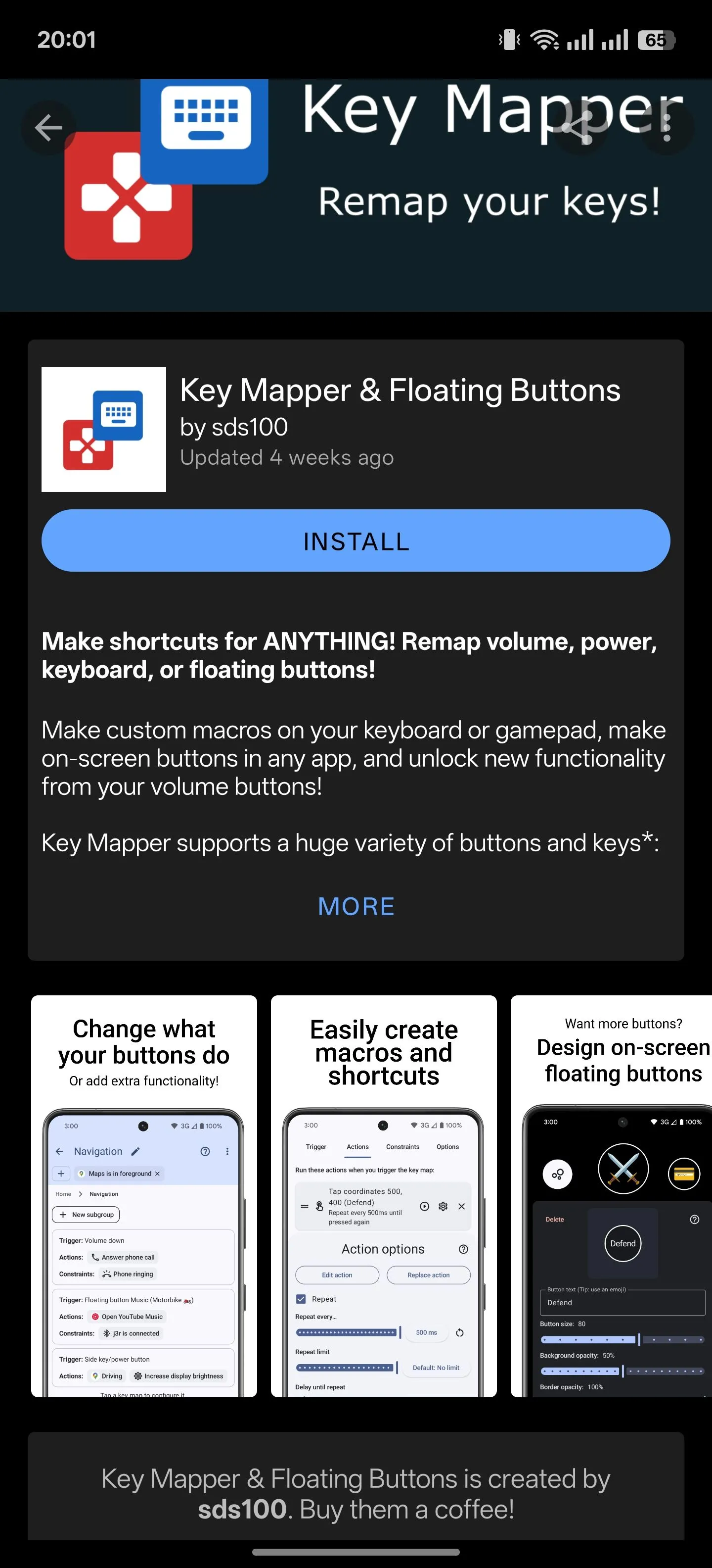 Trang chi tiết ứng dụng Key Mapper trong kho F-Droid trên Android, cung cấp thông tin và tùy chọn cài đặt.