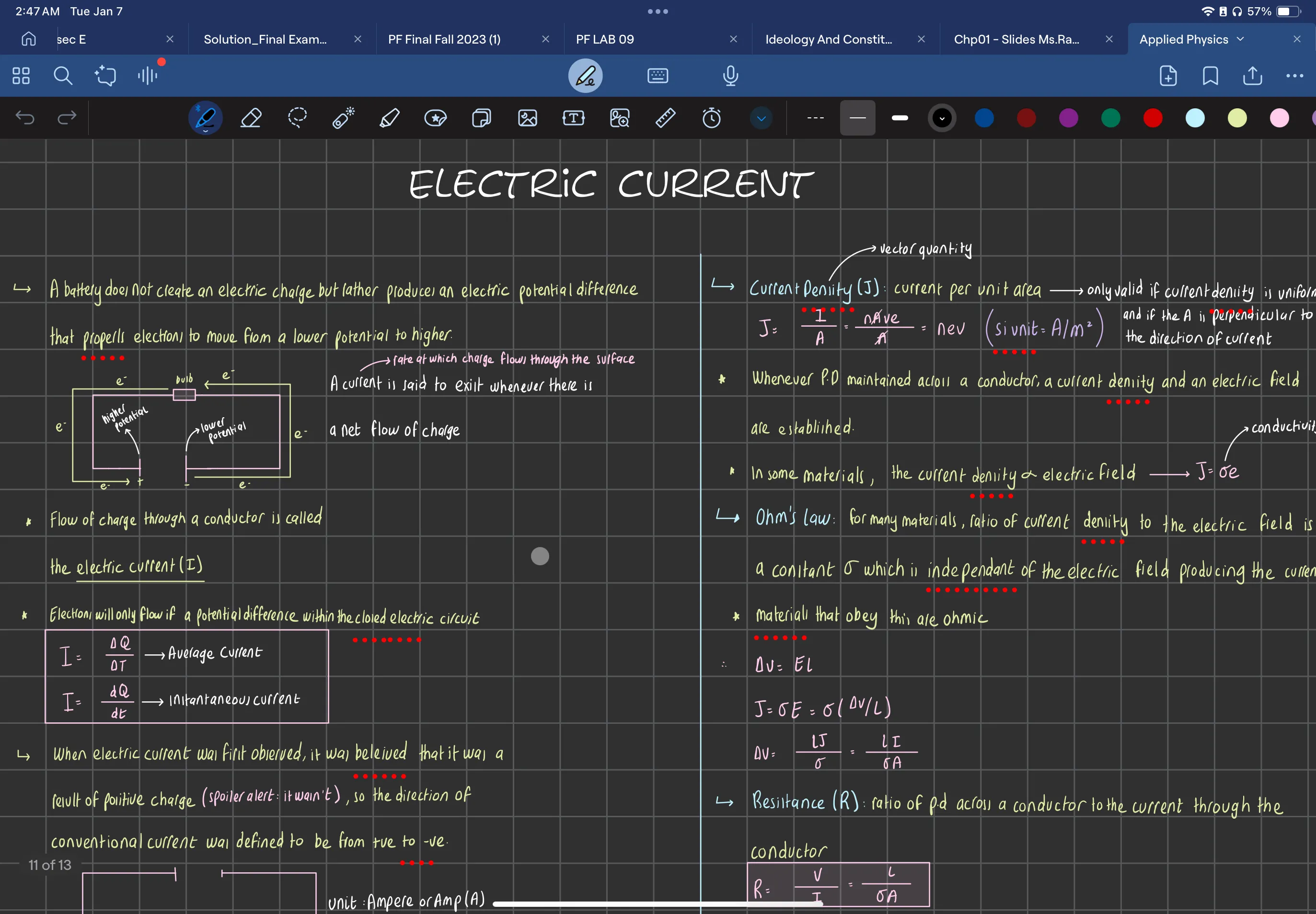 Trang ghi chú bài giảng &quot;Dòng điện&quot; được viết tay đẹp mắt trên ứng dụng Goodnotes trên iPad