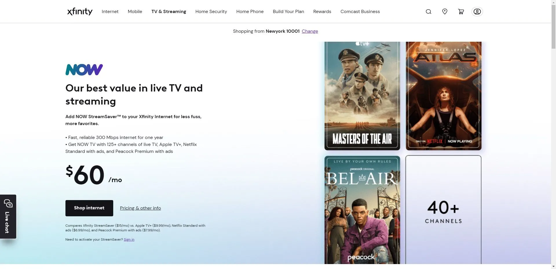 Trang giới thiệu Now TV của Xfinity, thể hiện gói dịch vụ truyền hình trực tuyến dành cho thuê bao Xfinity.