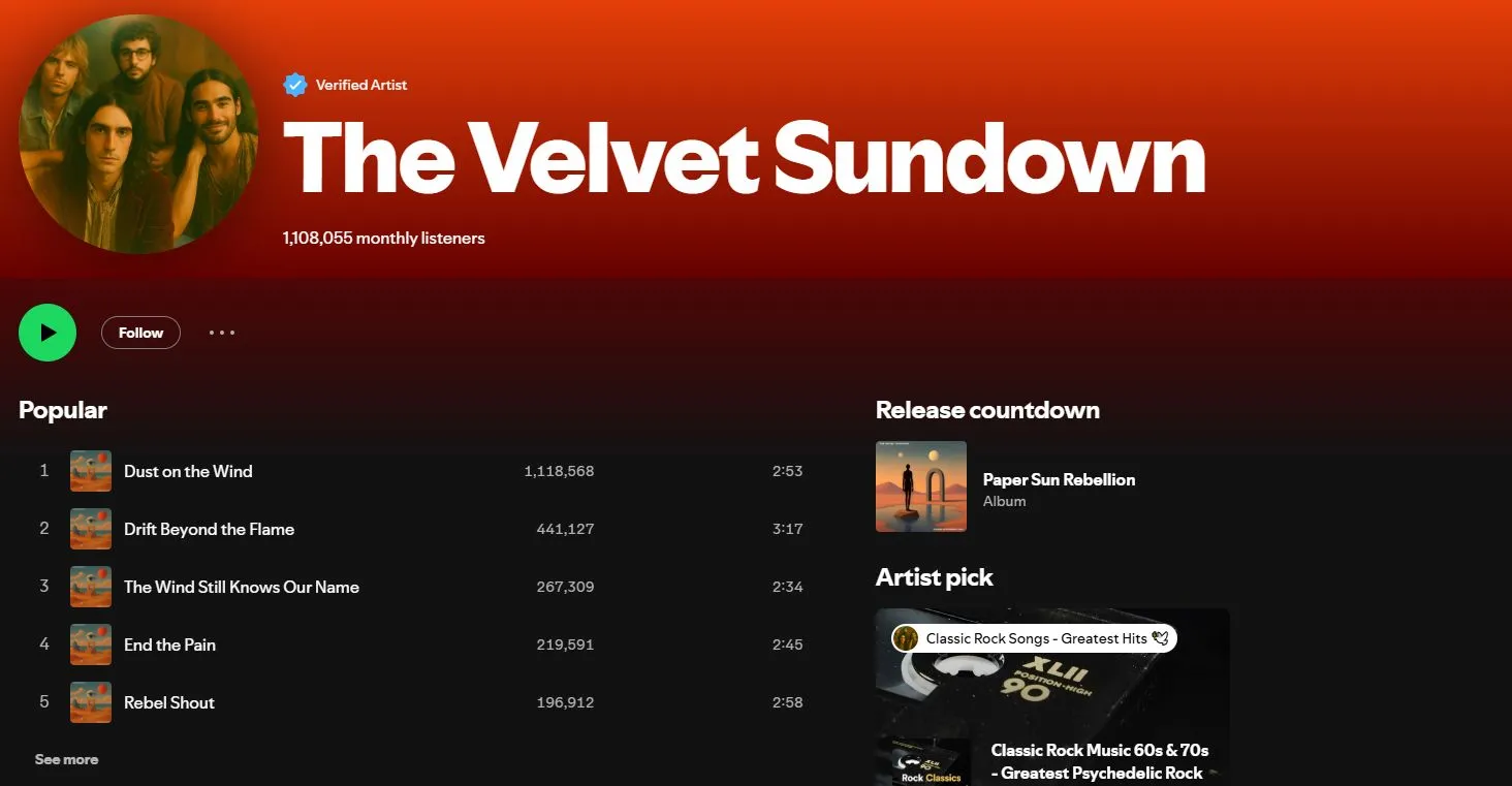 Trang hồ sơ của ban nhạc The Velvet Sundown trên dịch vụ phát nhạc trực tuyến, thể hiện giao diện người dùng và thông tin về nghệ sĩ AI này.