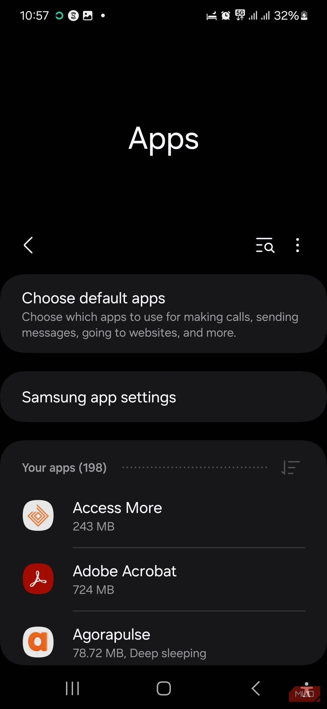 Trang Ứng dụng trong menu Cài đặt trên điện thoại Samsung Galaxy