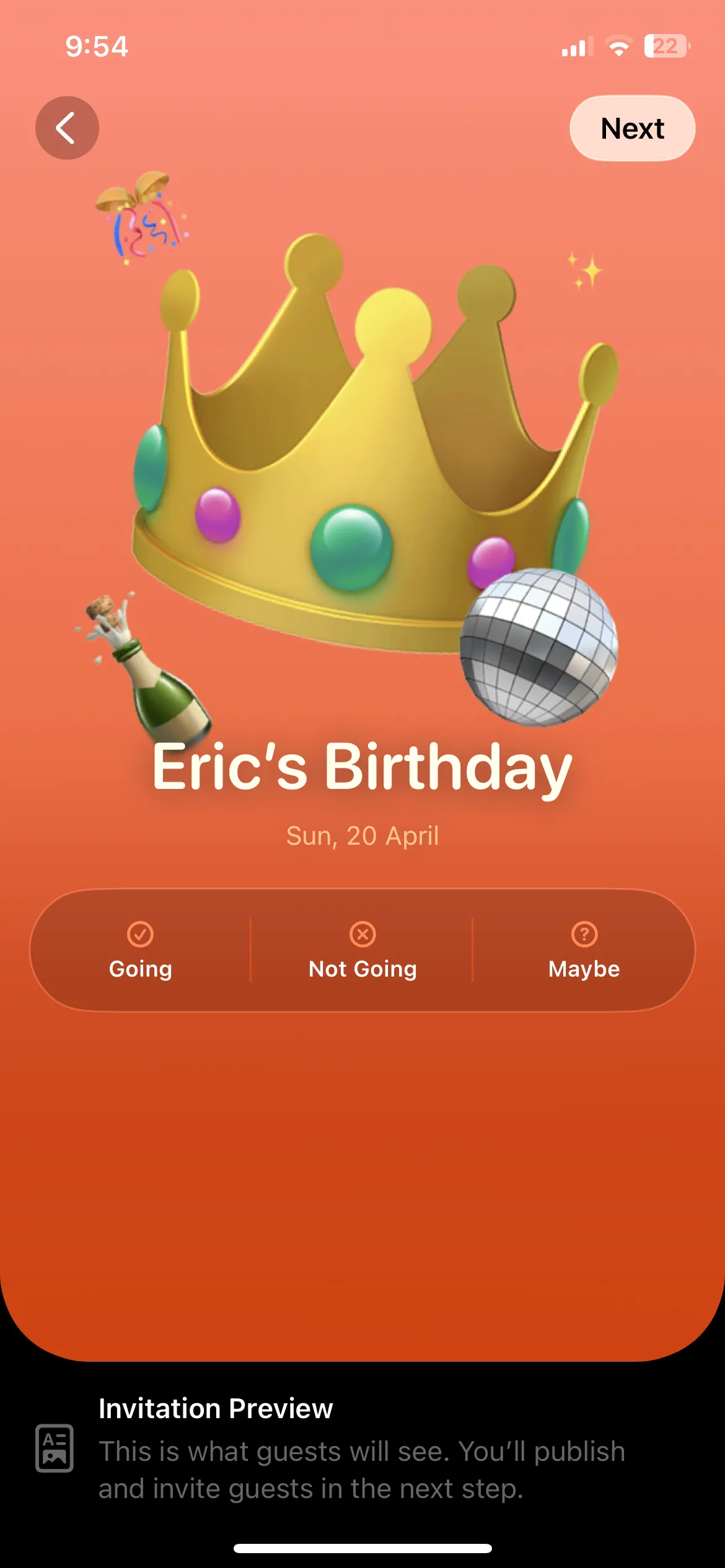 Trang xem trước lời mời sự kiện trong ứng dụng Apple Invites, hiển thị thông tin chi tiết.