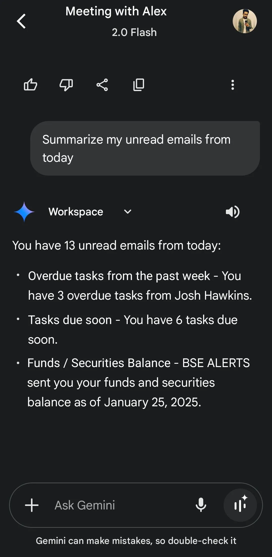 Trợ lý AI Gemini tóm tắt nhanh các email chưa đọc từ Gmail, thể hiện khả năng tích hợp sâu.