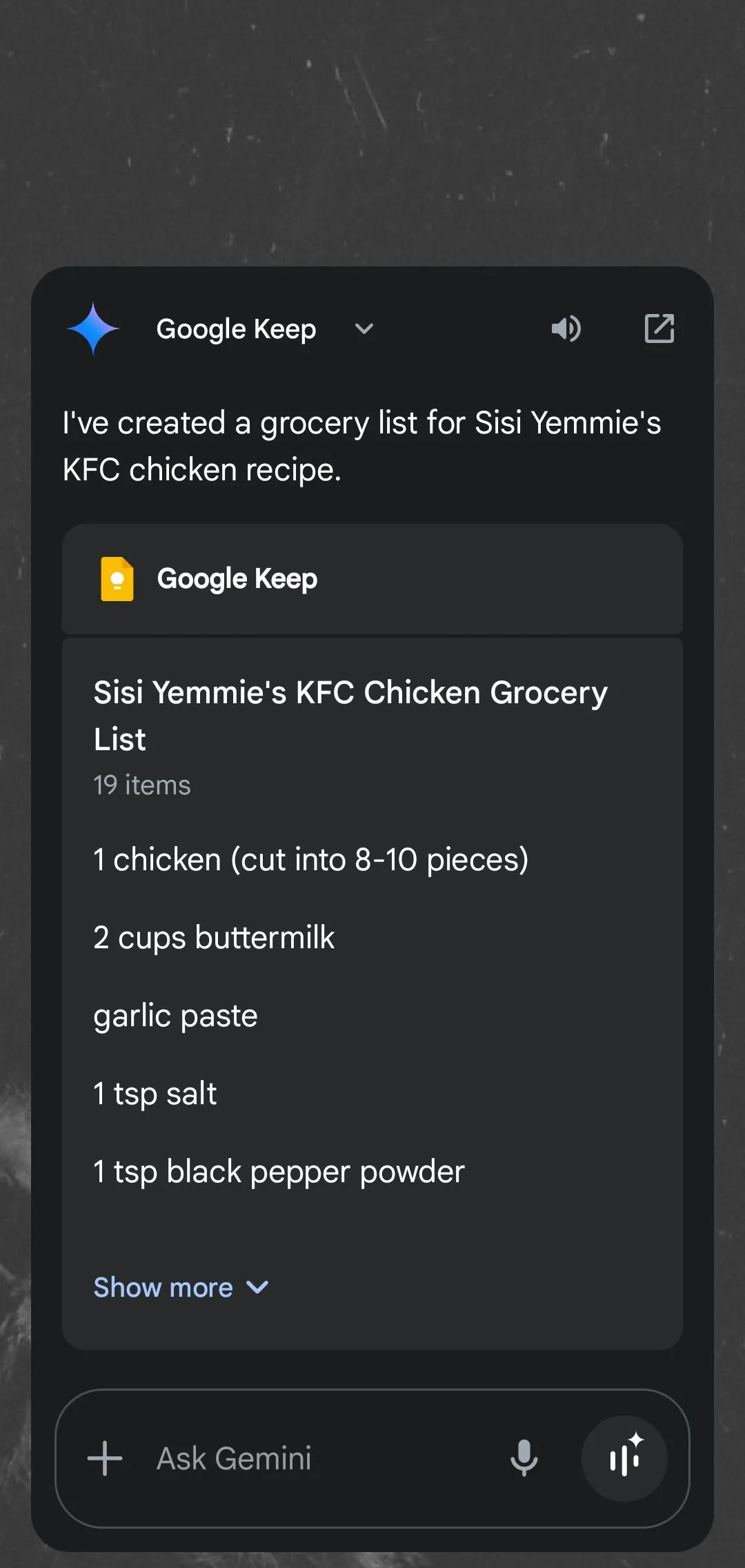 Trợ lý Gemini hiển thị danh sách mua sắm trên Google Keep, tích hợp hệ sinh thái Google