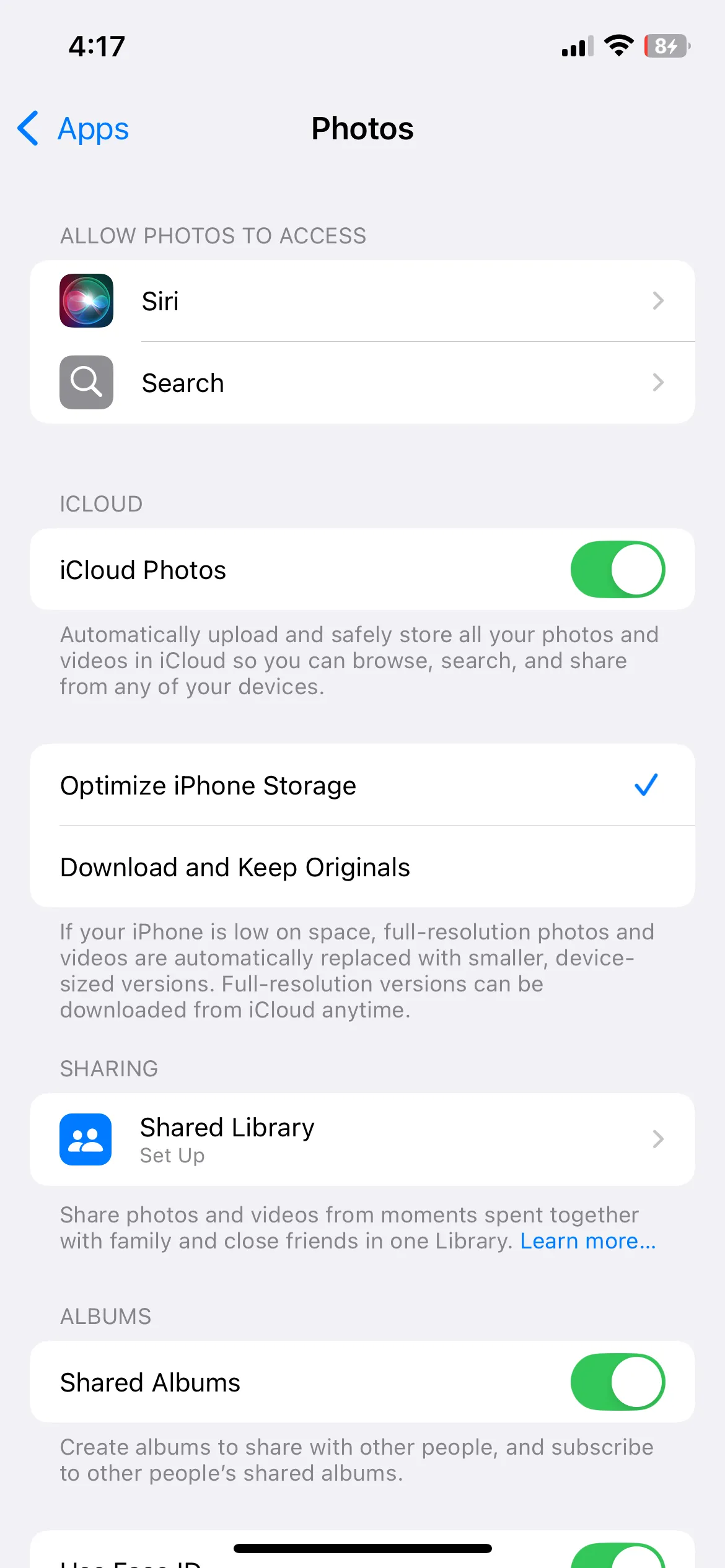 Tùy chọn tối ưu hóa dung lượng iPhone trong cài đặt Ảnh để tiết kiệm không gian lưu trữ