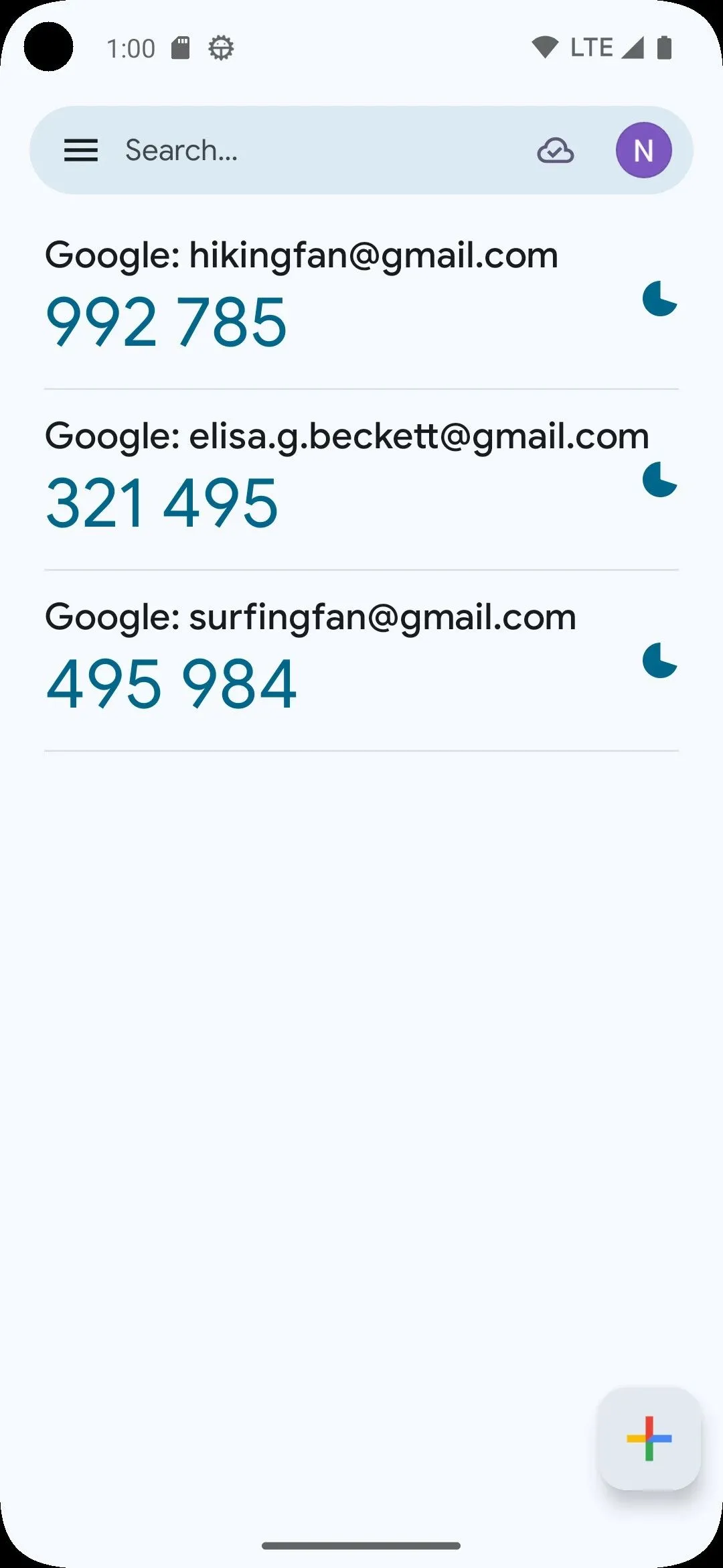 Ứng dụng Google Authenticator hiển thị các mã xác thực trên Android