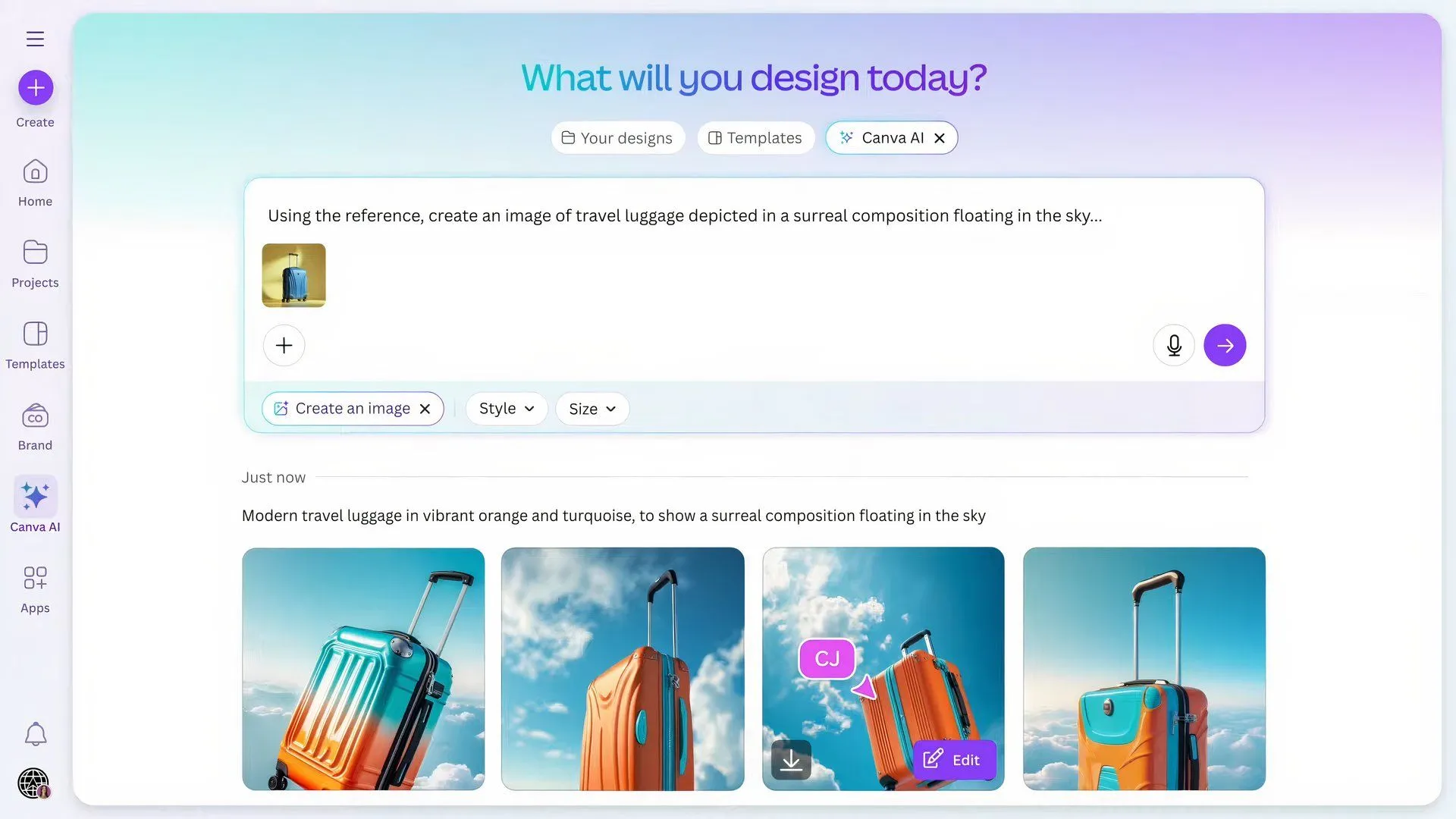 Ví dụ trên màn hình tính năng Create an Image của Canva, tạo hình ảnh mới dựa trên phong cách nội dung có sẵn.