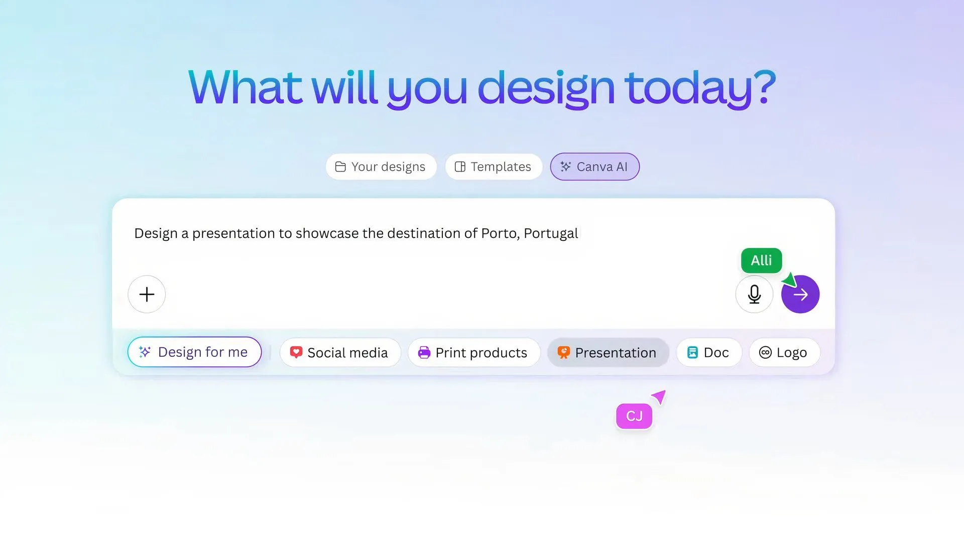 Ví dụ trên màn hình tính năng Design for Me của Canva, cho phép tạo thiết kế tùy chỉnh nhanh chóng bằng AI.