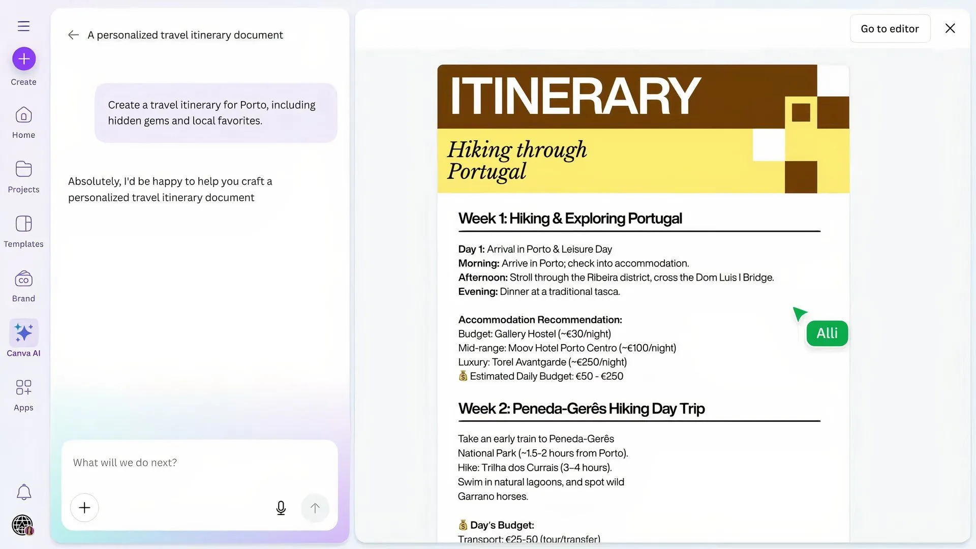 Ví dụ trên màn hình tính năng Draft a Doc của Canva, hỗ trợ tạo tài liệu chuyên nghiệp bằng lời nhắc đơn giản.
