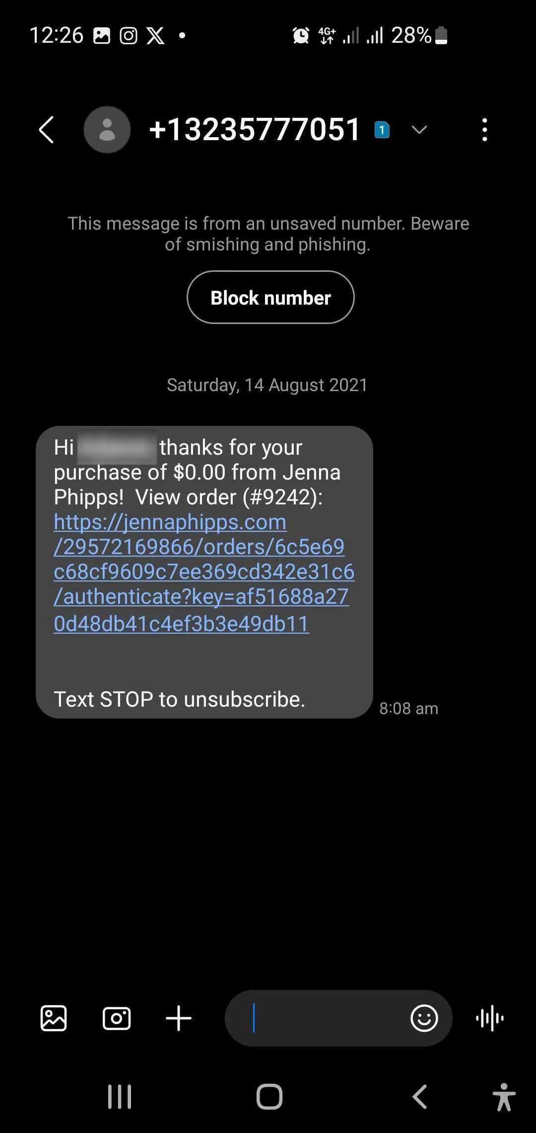 Ảnh chụp màn hình tin nhắn SMS đáng ngờ từ một người lạ, minh họa smishing