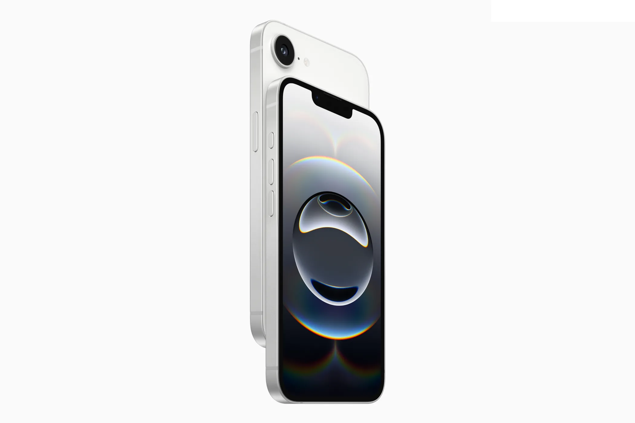 Ảnh sản phẩm điện thoại iPhone 16e màu trắng với thiết kế tai thỏ truyền thống