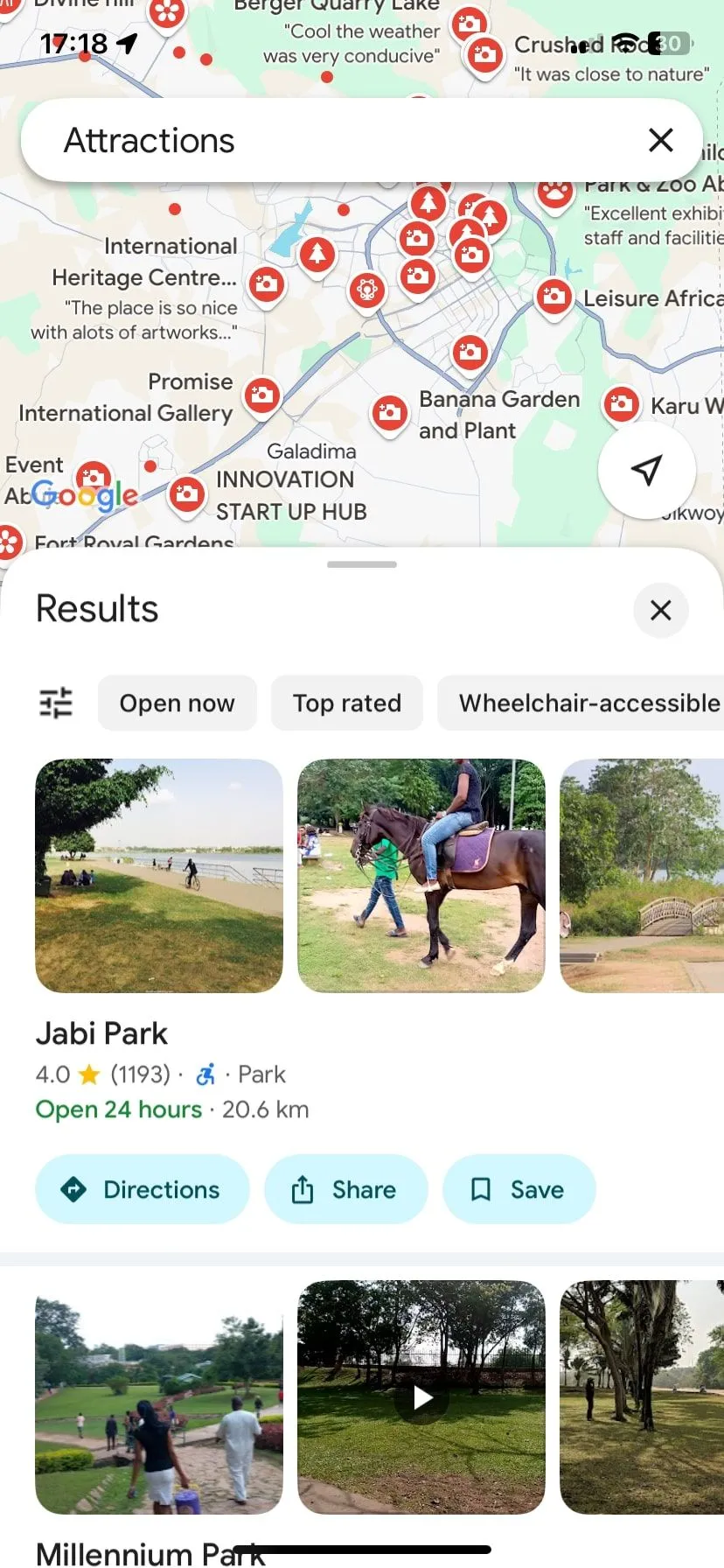 Bản đồ Google Maps hiển thị các điểm tham quan tại Abuja, minh họa tính năng định vị khi du lịch.
