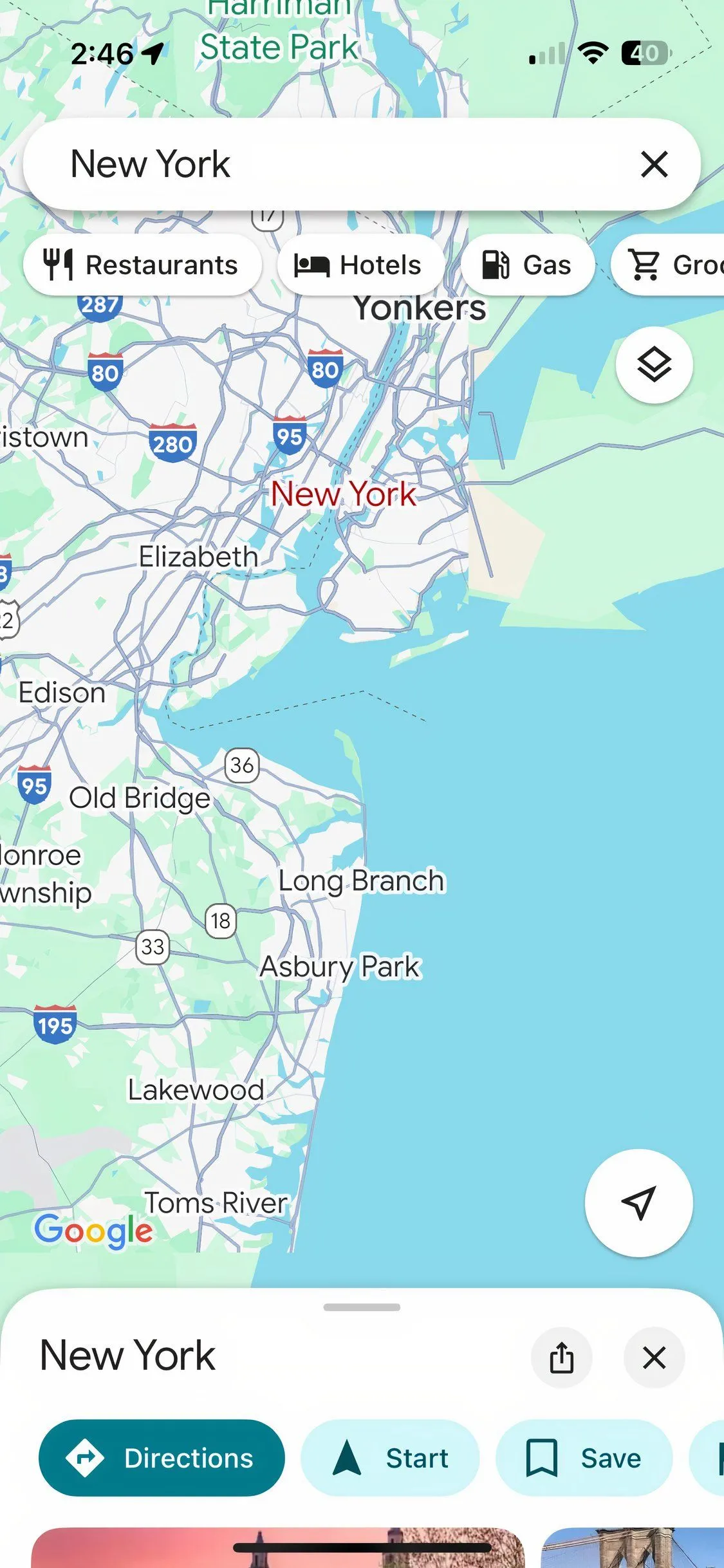 Bản đồ New York trên ứng dụng Google Maps với các tuyến đường và địa điểm được đánh dấu