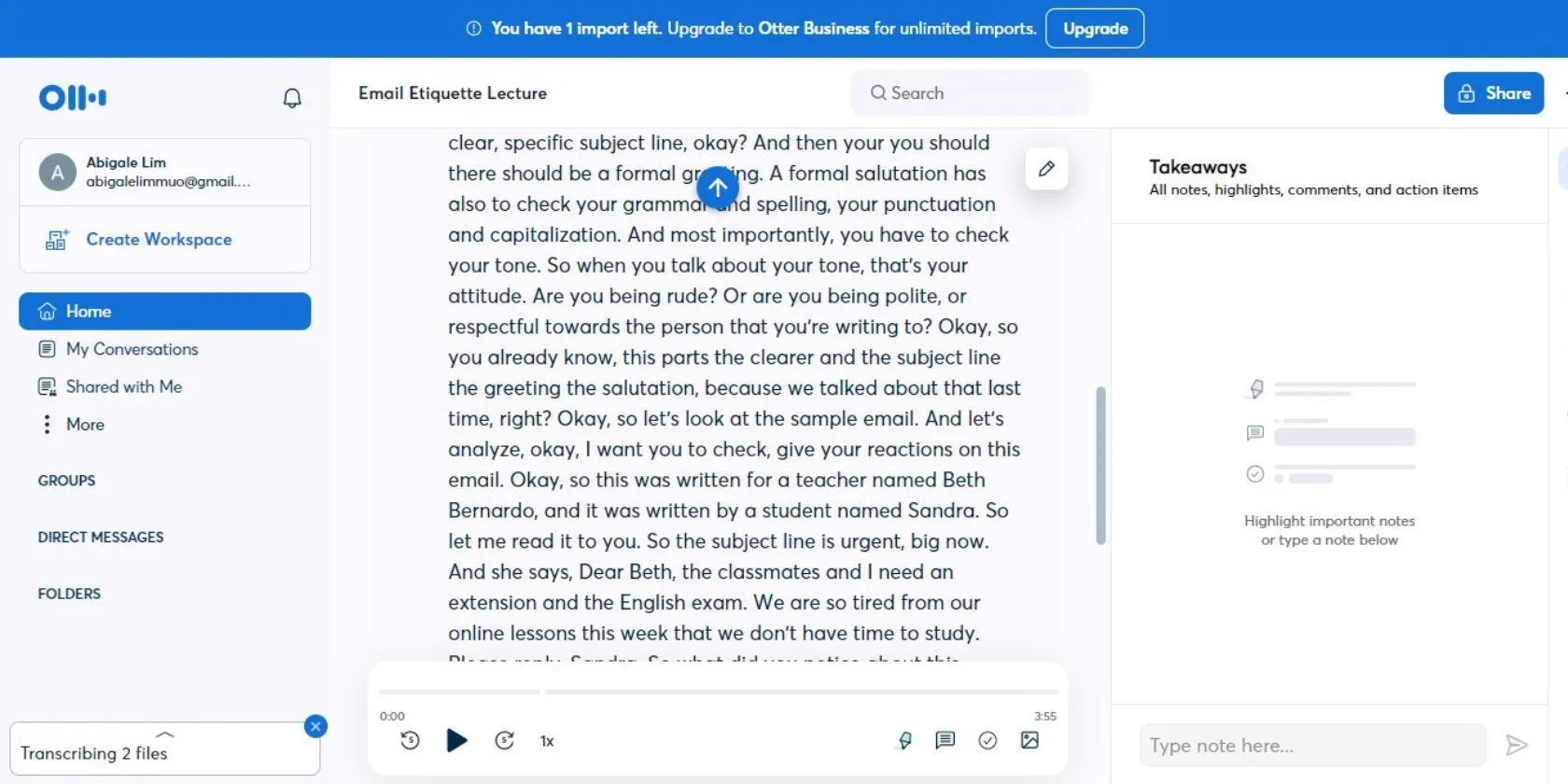 Bản ghi video mẫu được tạo bởi công cụ Otter.ai, minh họa khả năng chuyển đổi giọng nói thành văn bản chính xác
