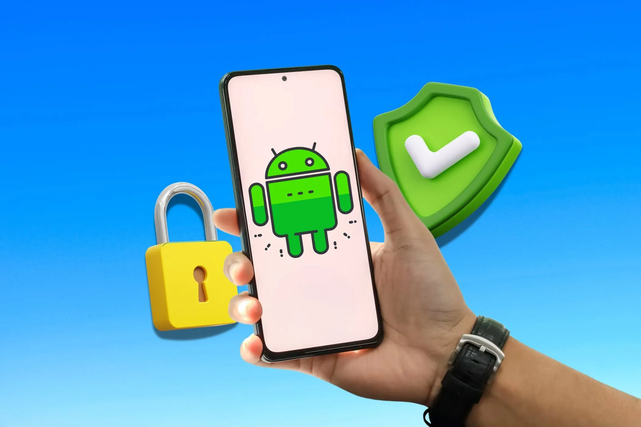 Bàn tay đang giữ điện thoại Android với biểu tượng khóa và an toàn trên nền, minh họa tính năng bảo mật dữ liệu