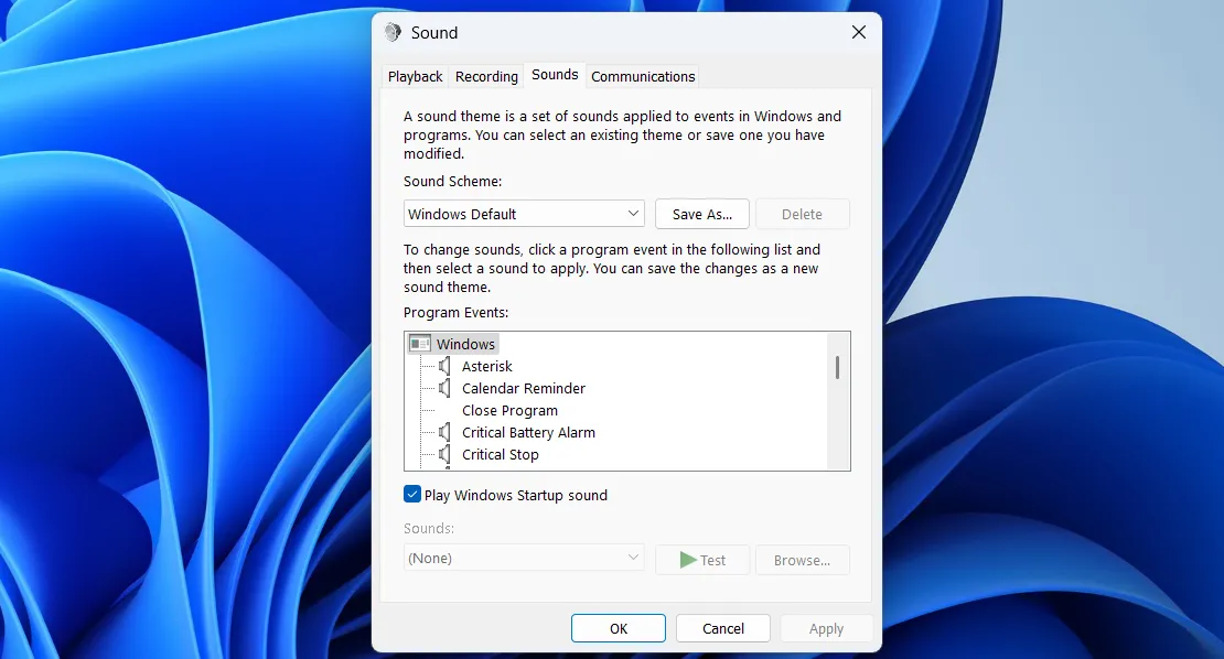 Bảng điều khiển cài đặt Âm thanh truyền thống trên Windows 11 để quản lý thiết bị âm thanh