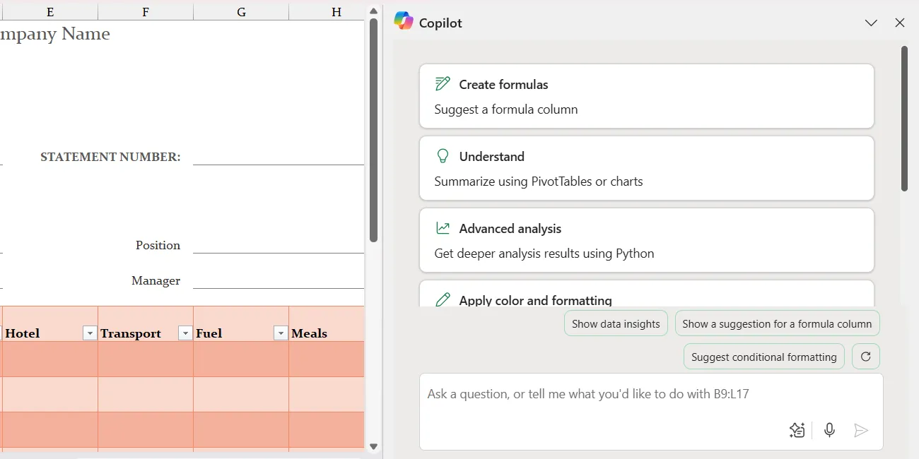 Bảng điều khiển Copilot tích hợp trong Excel