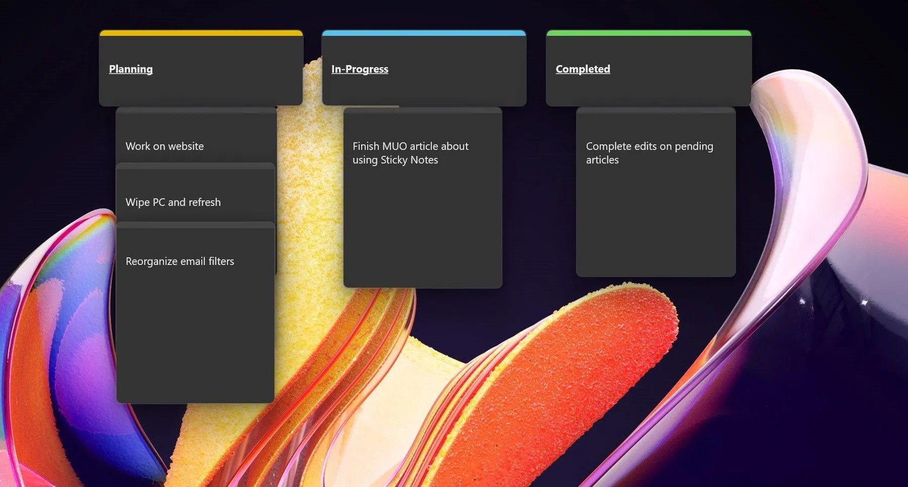 Bảng Kanban tự tạo từ ghi chú Sticky Notes để quản lý dự án trên desktop
