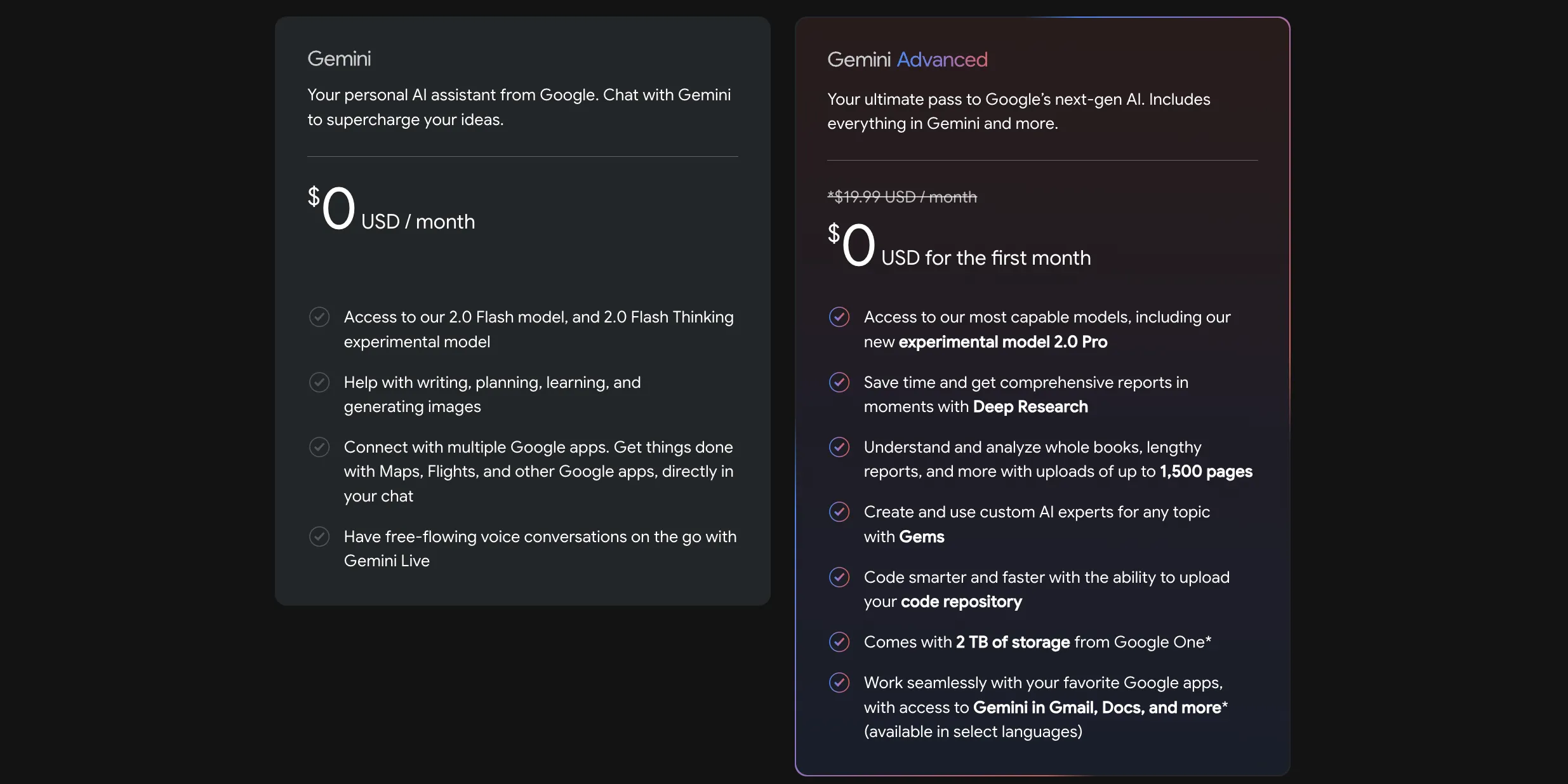 Bảng so sánh các tính năng giữa phiên bản Google Gemini miễn phí và Gemini Advanced