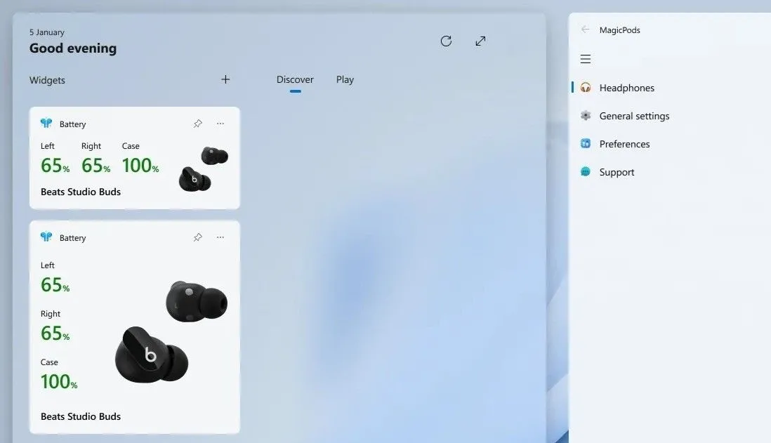 Bảng widget Windows 11 hiển thị mức pin tai nghe Bluetooth