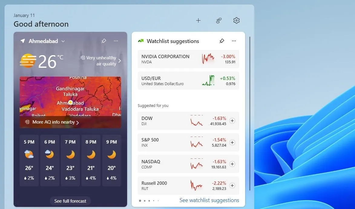 Bảng widget Windows 11 hiển thị thông tin thời tiết