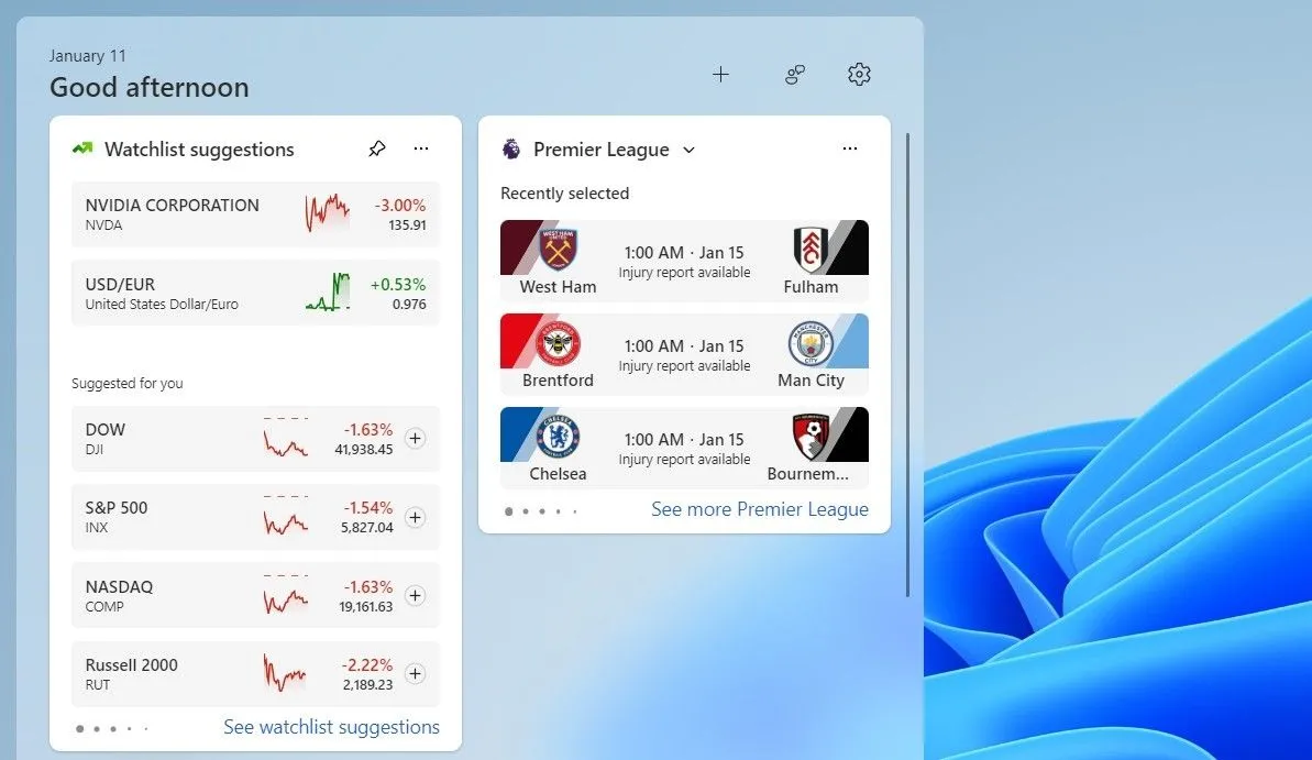 Bảng widget Windows 11 hiển thị tiện ích danh sách theo dõi