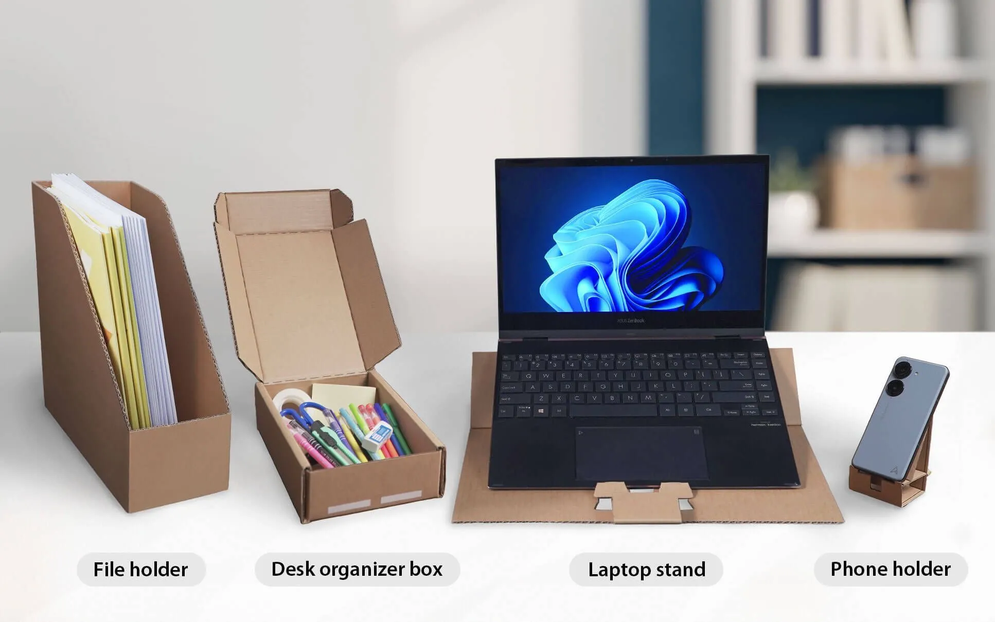 Bao bì màn hình Asus VU được thiết kế để tái sử dụng thành giá đỡ điện thoại, laptop hoặc hộp đựng đồ trên bàn