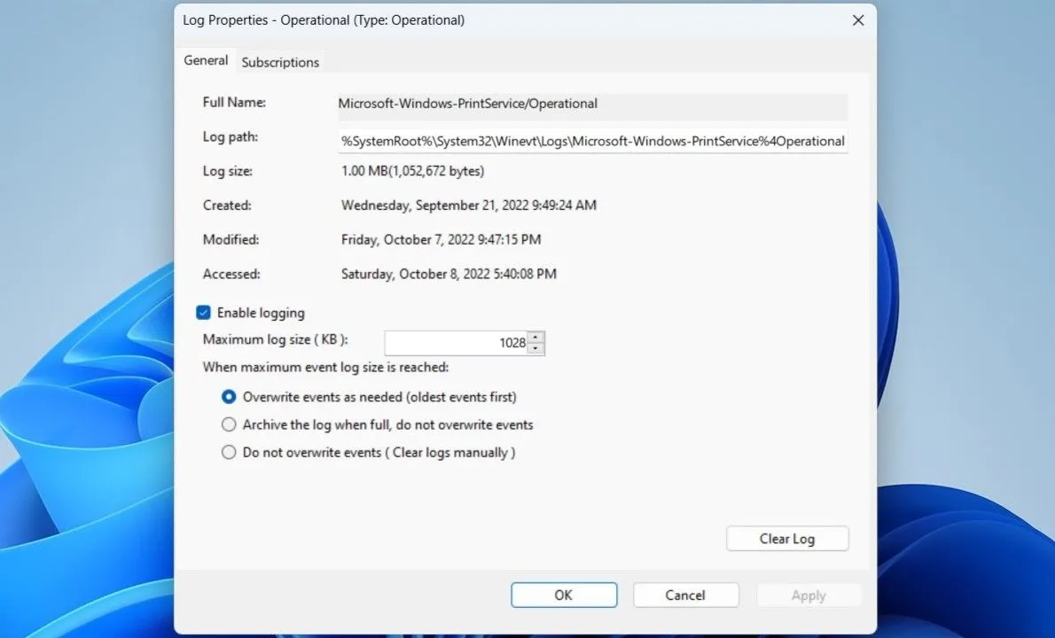 Bật tính năng ghi nhật ký lịch sử in trong Event Viewer trên Windows 11