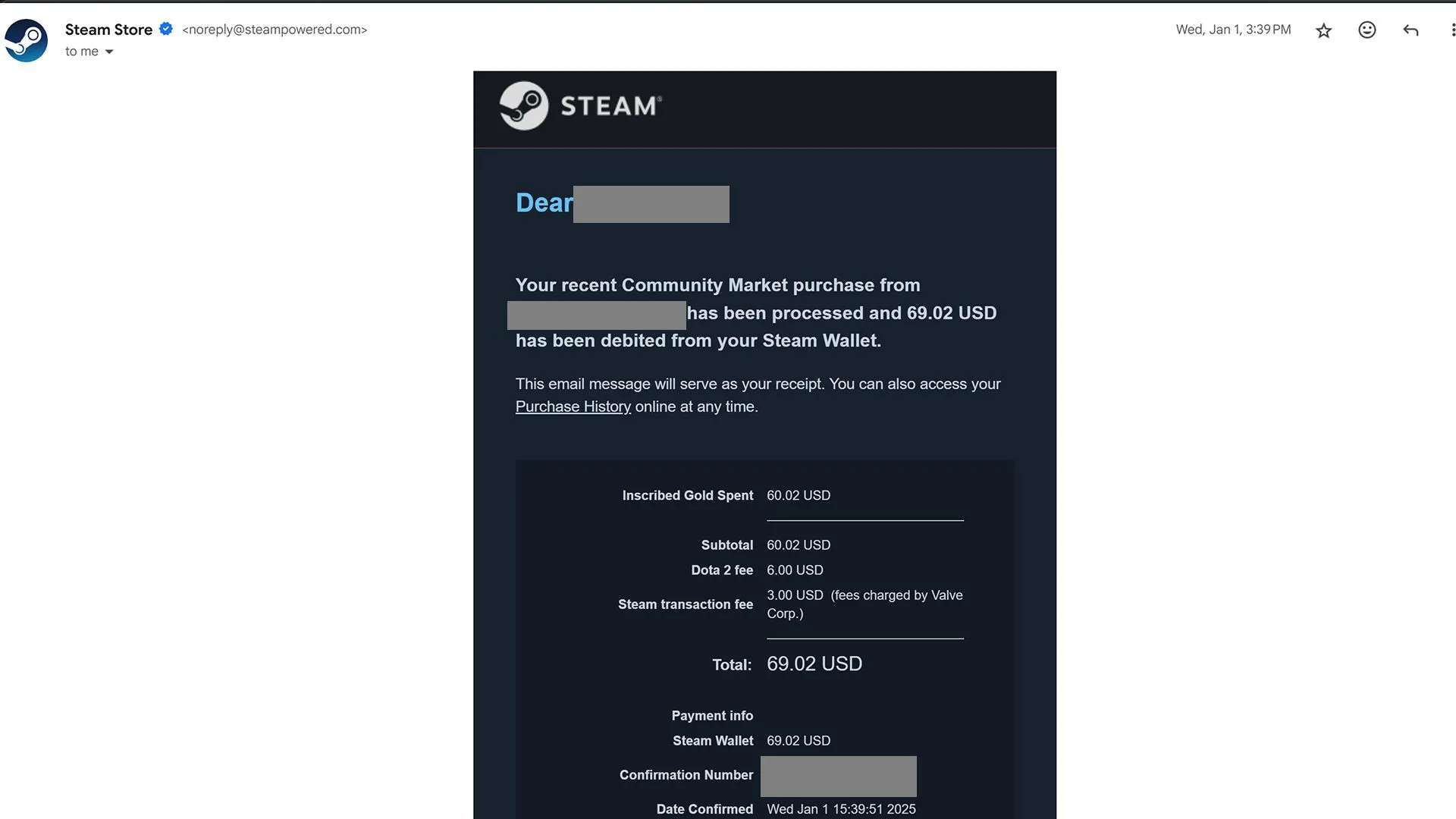 Biên lai giao dịch Thị trường Cộng đồng Steam qua email, là bằng chứng cho việc tài khoản bị hack.