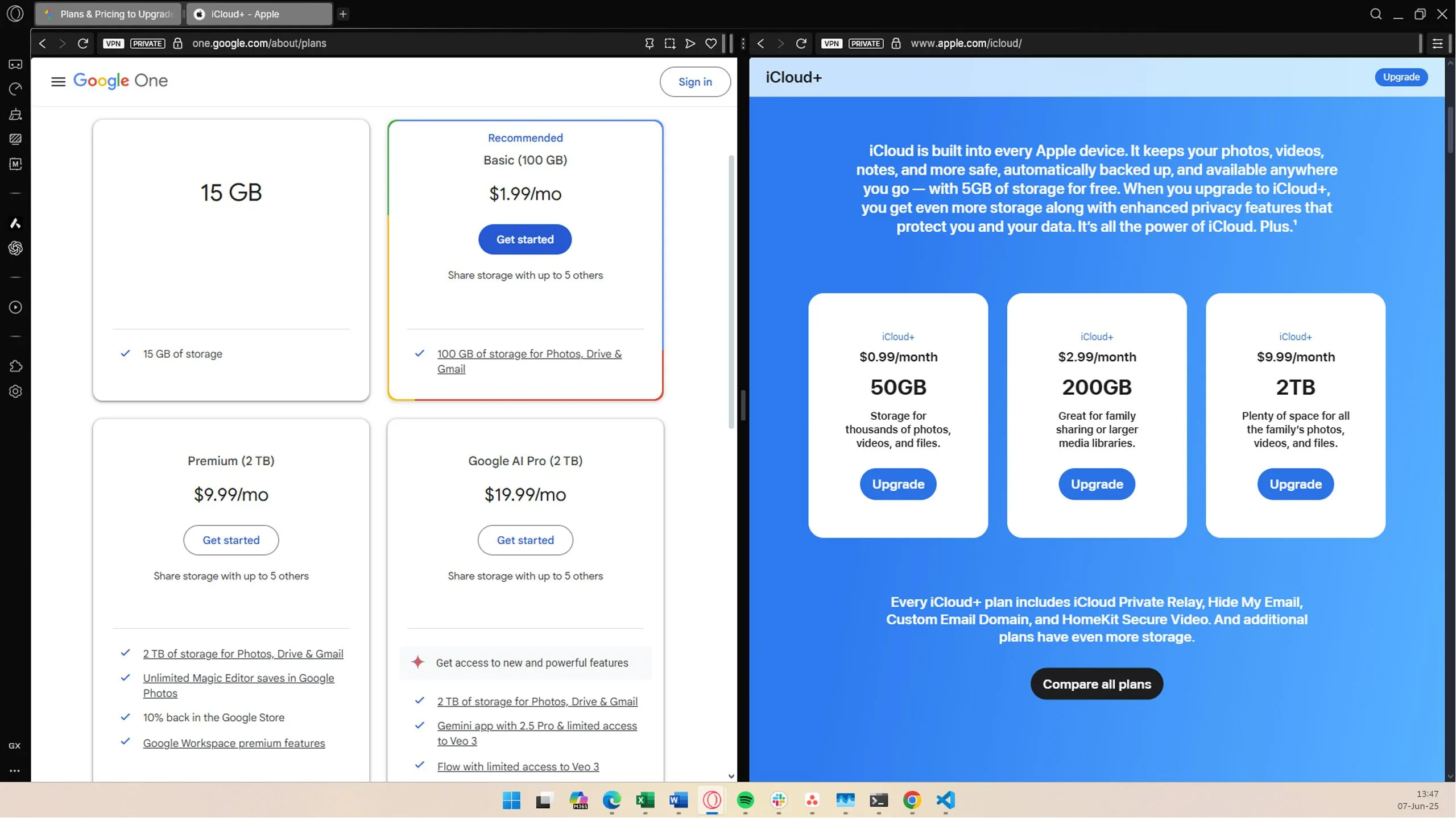 Biểu đồ so sánh chi phí các gói lưu trữ của iCloud và Google One, thể hiện sự linh hoạt về dung lượng và giá thành.